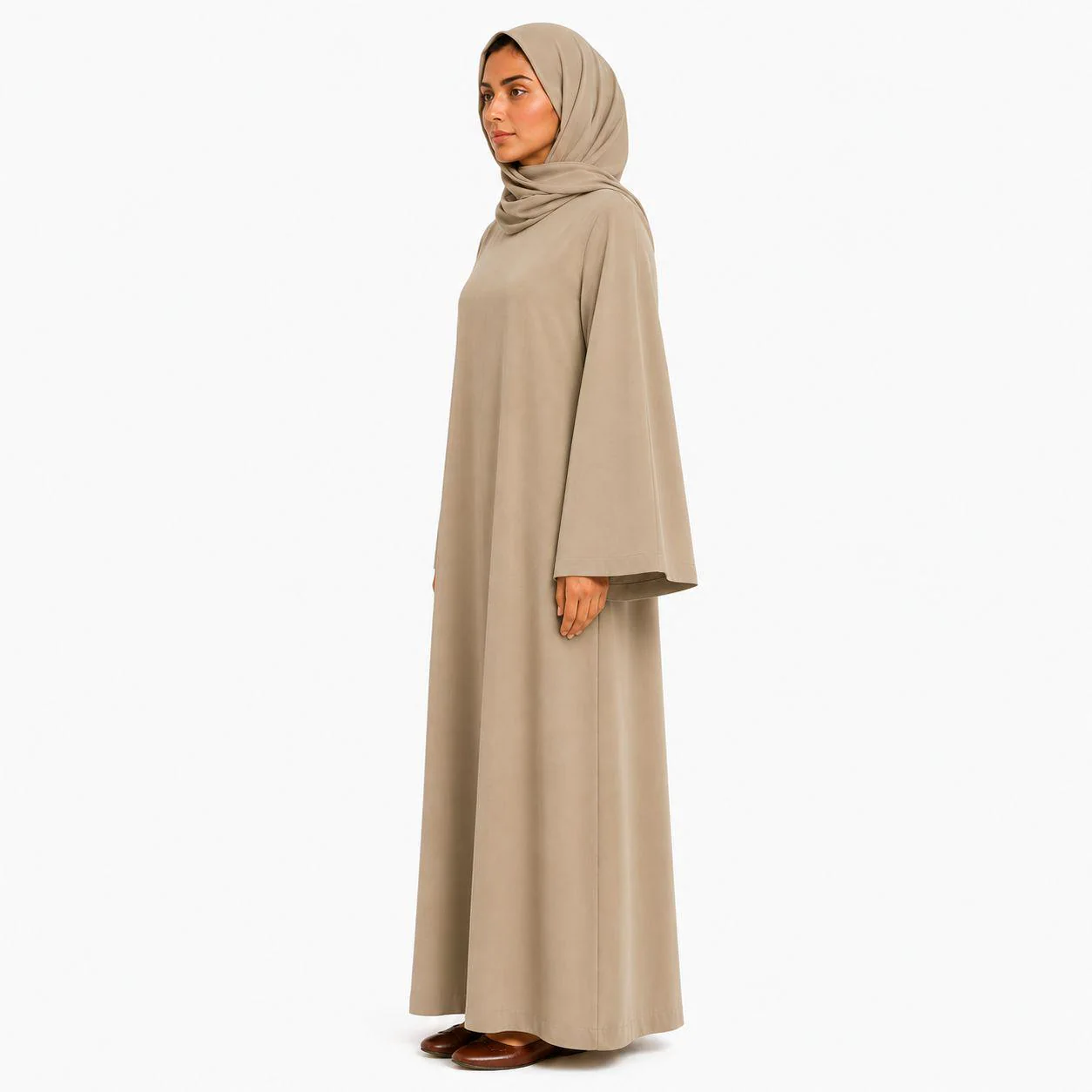 Warm Greige Linen Abaya Dress with Bell Sleeves – Formal Abaya for Women – Islamic Dresses