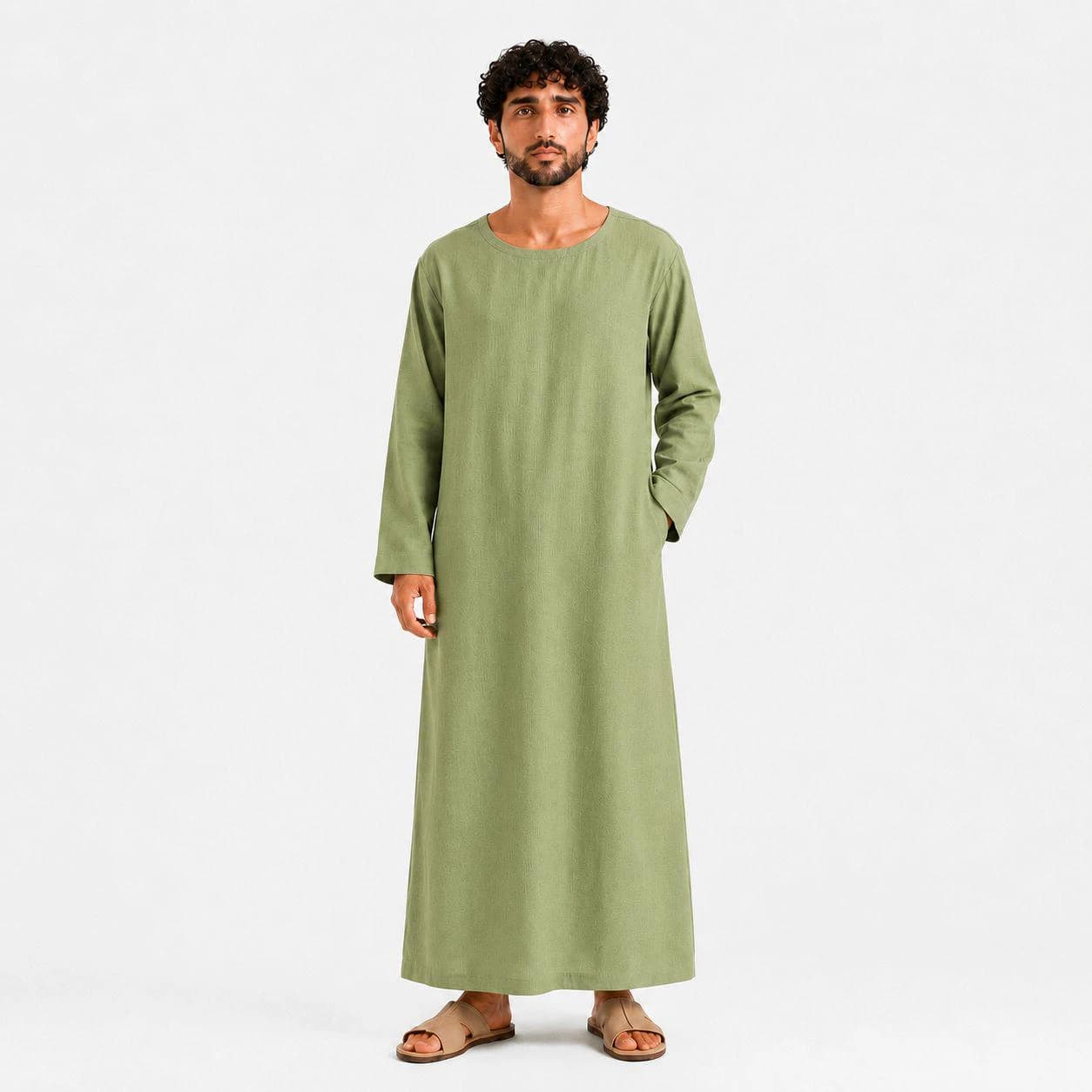 Pistachio Green Men's Kandura – Organic Linen Abaya – Arabic Thobe – Modern Muslim Clothing