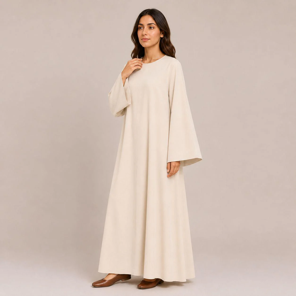 Ivory Cream Abaya Dress with Wide Sleeves – Milky Organic Linen Kaftans – Elegant Dress Abayas - image 2