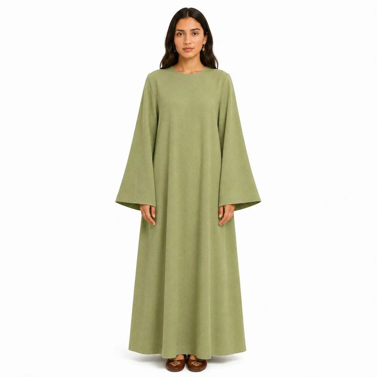 Pistachio Green Linen Abaya Dress Flare Sleeves – Dubai Bell Sleeve Abayas – Handmade Kaftan Dresses - image 2