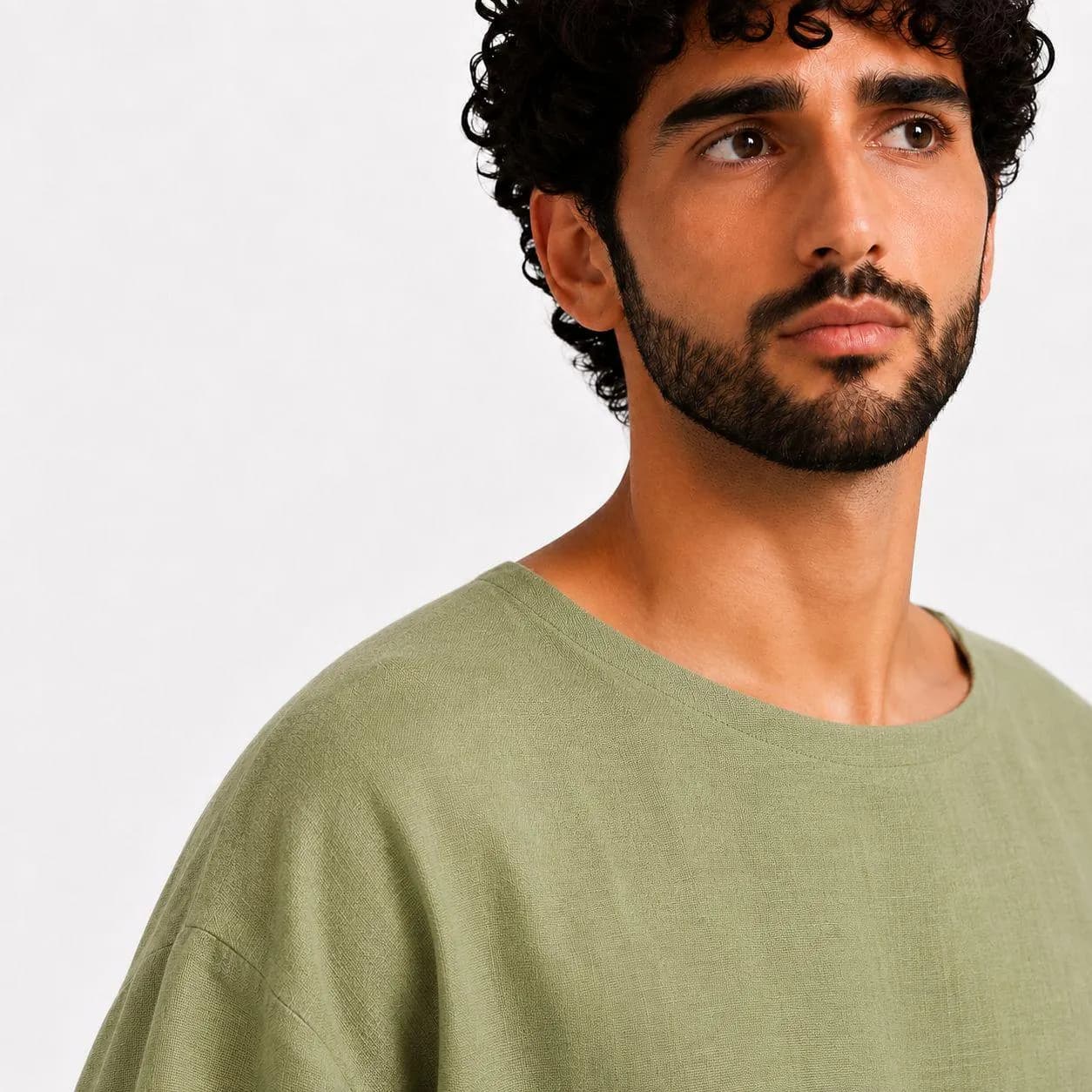 Pistachio Green Men's Kandura – Organic Linen Abaya – Arabic Thobe – Modern Muslim Clothing - image 3