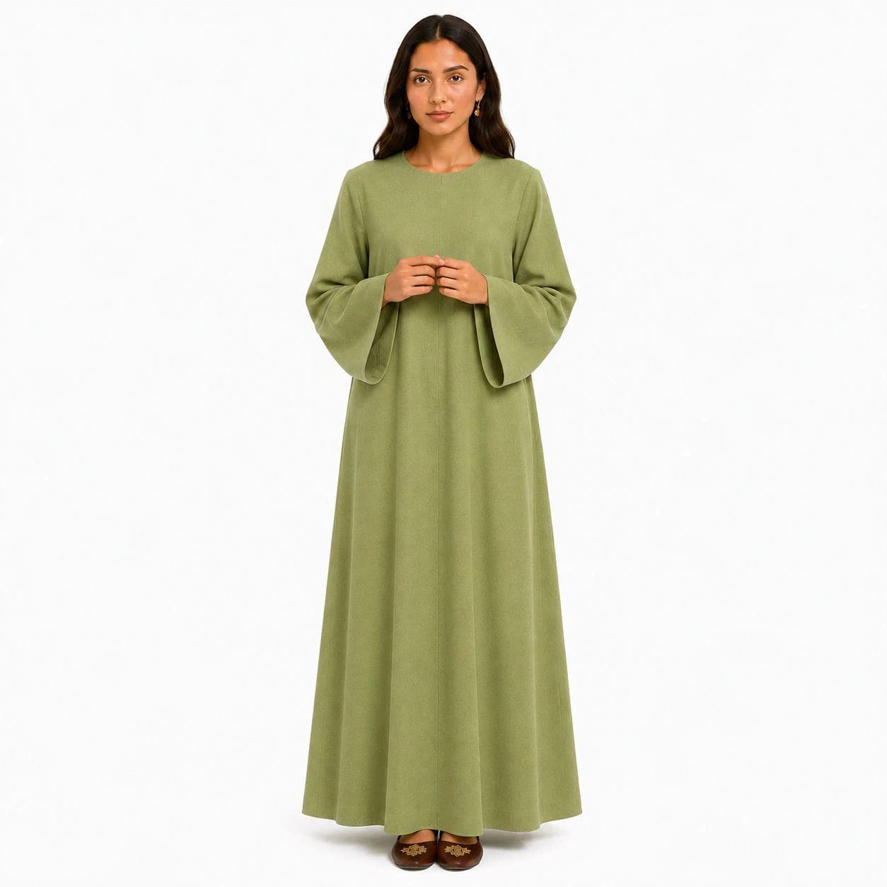 Pistachio Green Linen Abaya Dress Flare Sleeves – Dubai Bell Sleeve Abayas – Handmade Kaftan Dresses