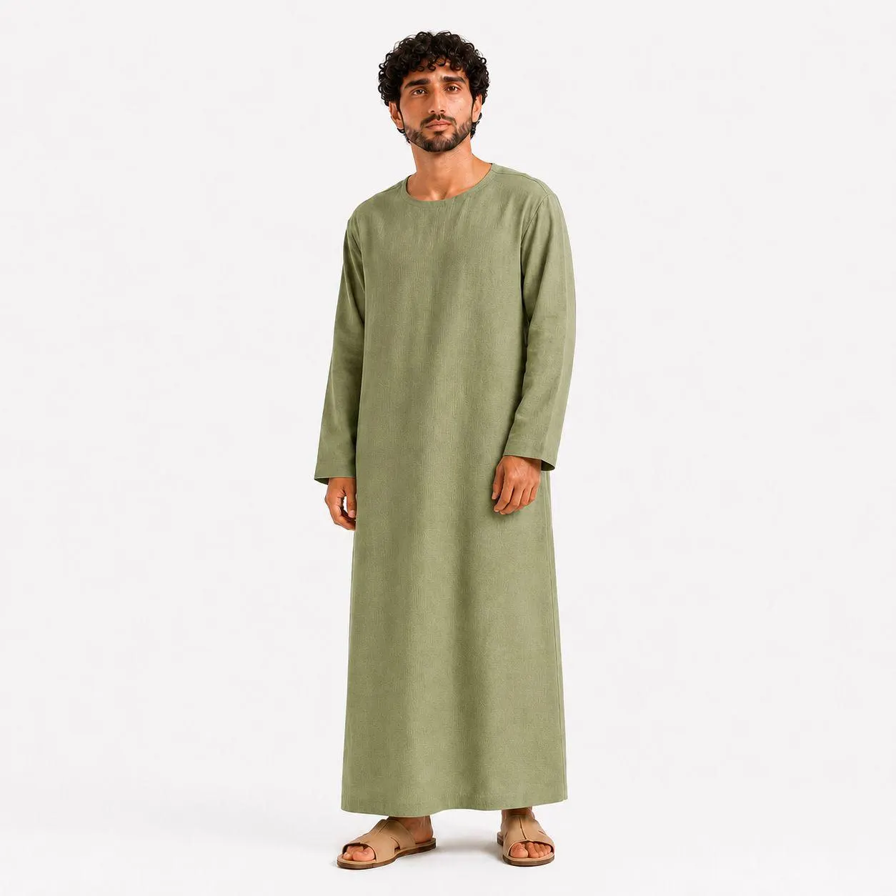 Pistachio Green Men's Kandura – Organic Linen Abaya – Arabic Thobe – Modern Muslim Clothing - image 2