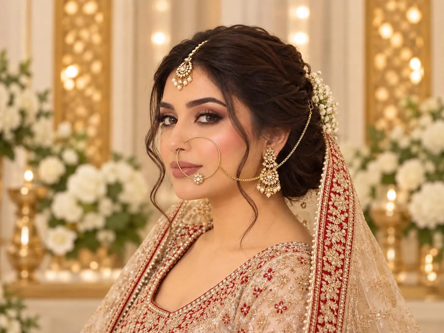 Gold Plated Bridal Nose Ring with Box Chain, Indian Pakistani Nath, Crystal Nose Hoop, Invisible Lock Wedding Jewellery