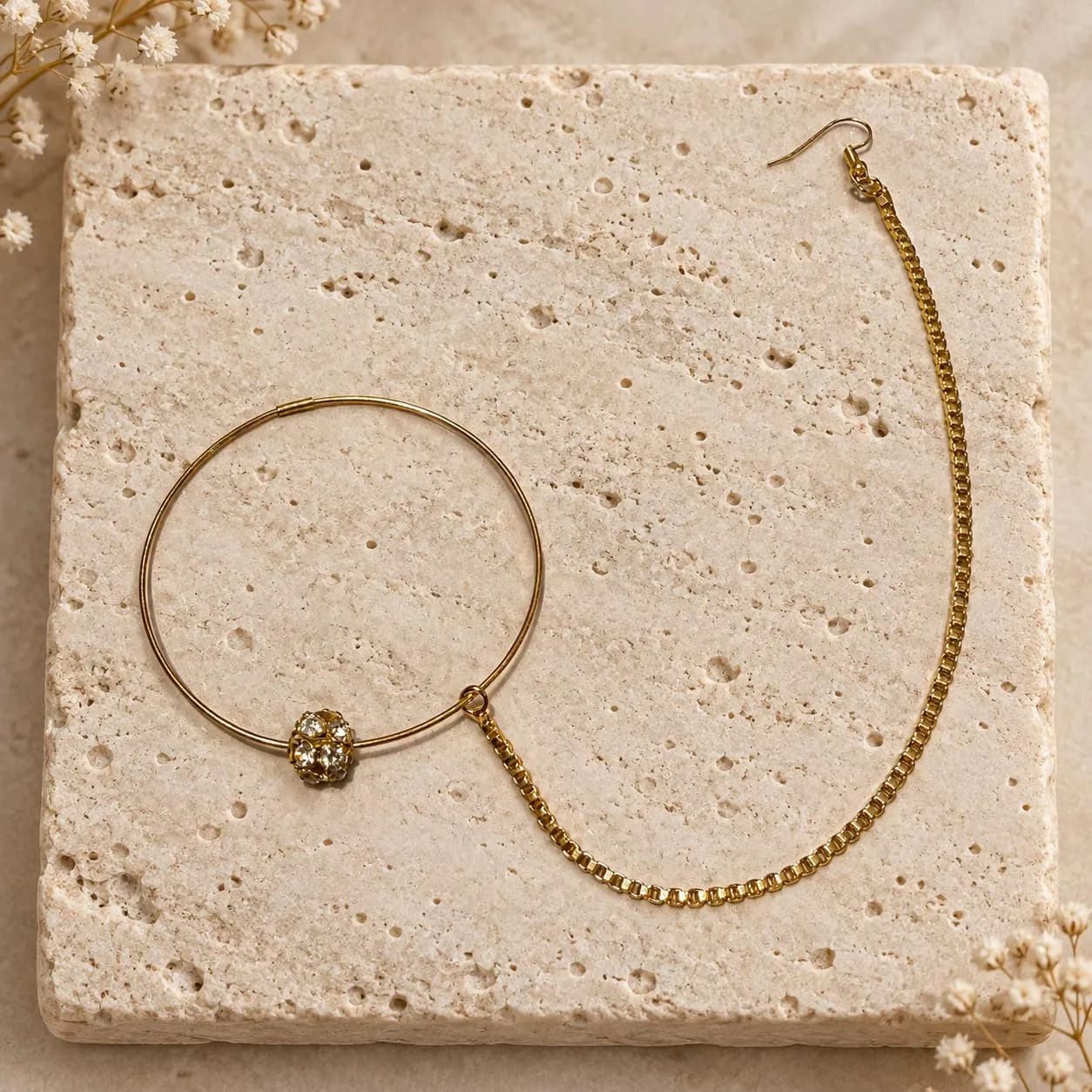 Gold plated large bridal nose ring with gold chain, crystal ball and invisible lock