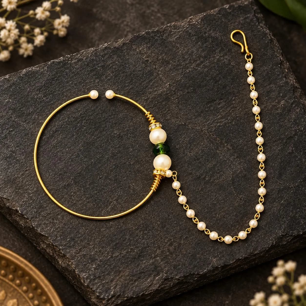 Non Pierced Bridal Nose Ring With Pearl Chain, Gold Plated Green Indian Nath, 2.2 Inch Pakistani Wedding Nose Ring - image 3