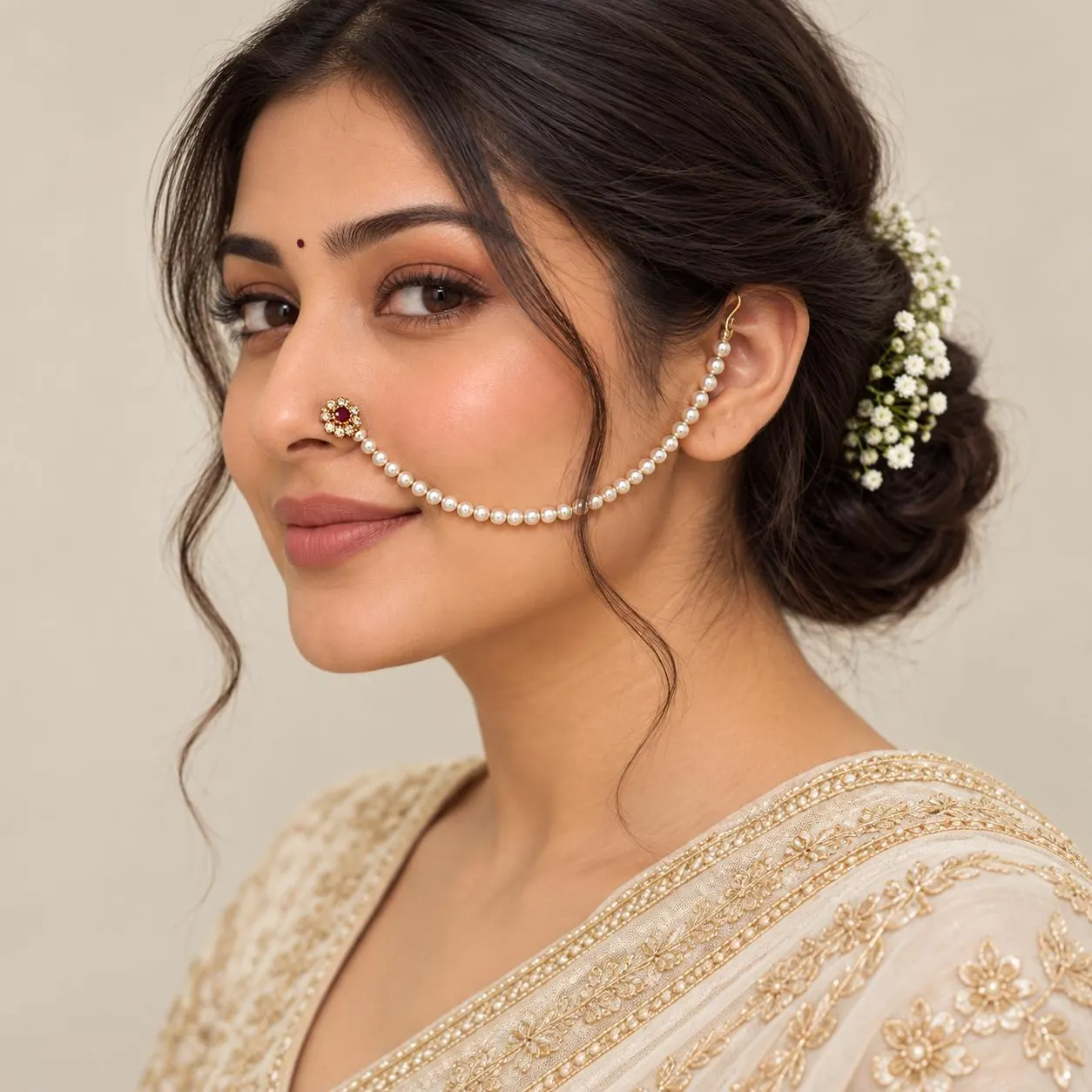 Indian Bridal Nose Stud with pearl Chain, Gold Plated stud, Red Stone Pearl Nose Jewellery, Pakistani Wedding Nose Pin, Traditional Nathni