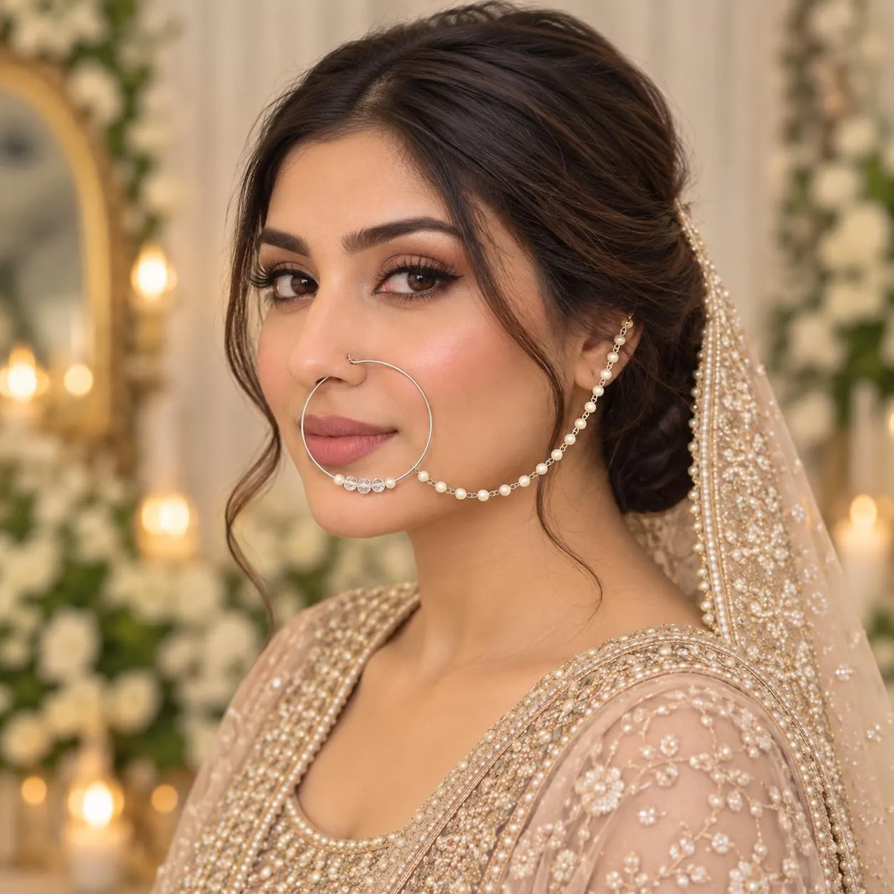Silver Bridal Nose Ring with Pearl Chain, Indian Pakistani Nath (2.3 Inch Hoop)