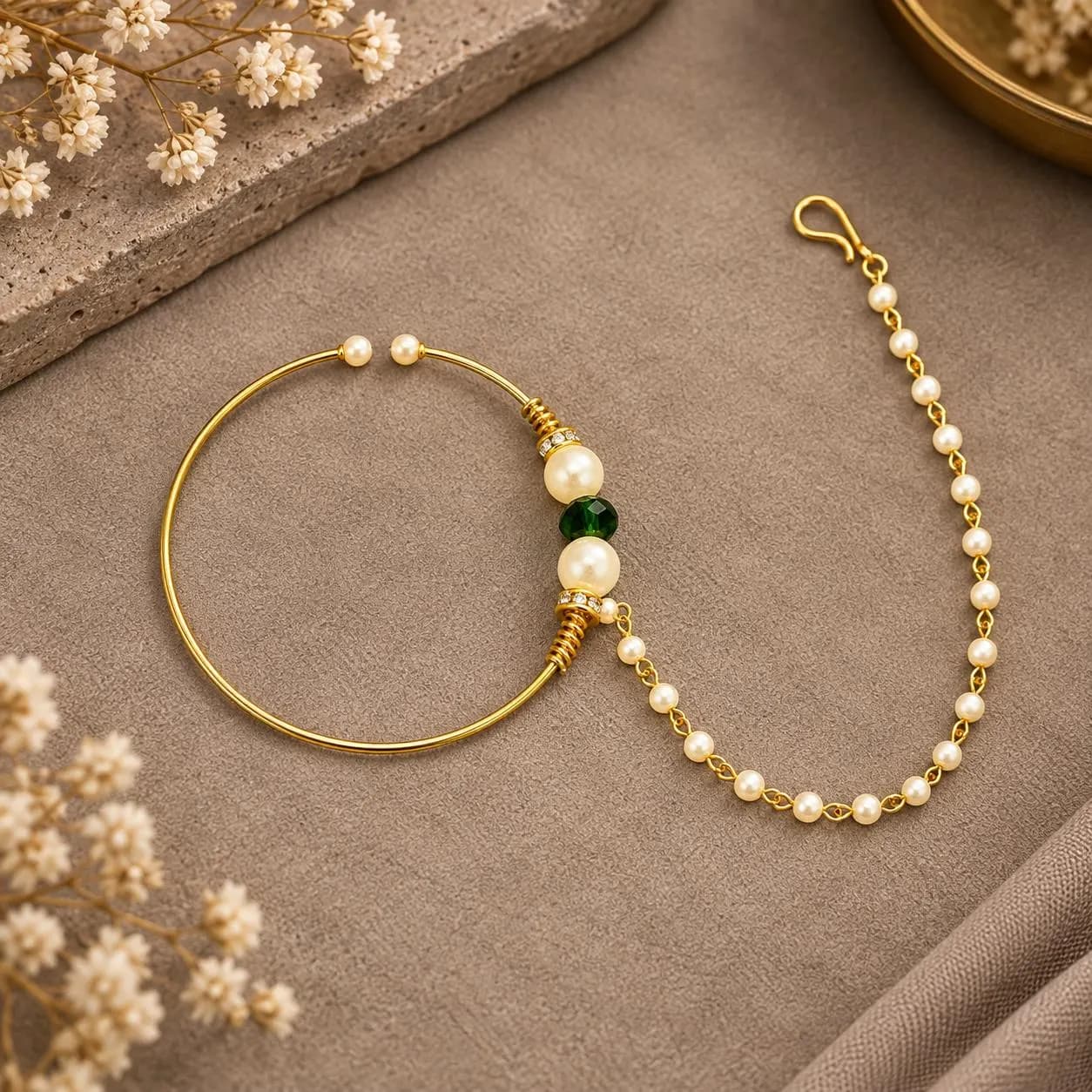 Non Pierced Bridal Nose Ring With Pearl Chain, Gold Plated Green Indian Nath, 2.2 Inch Pakistani Wedding Nose Ring - image 5
