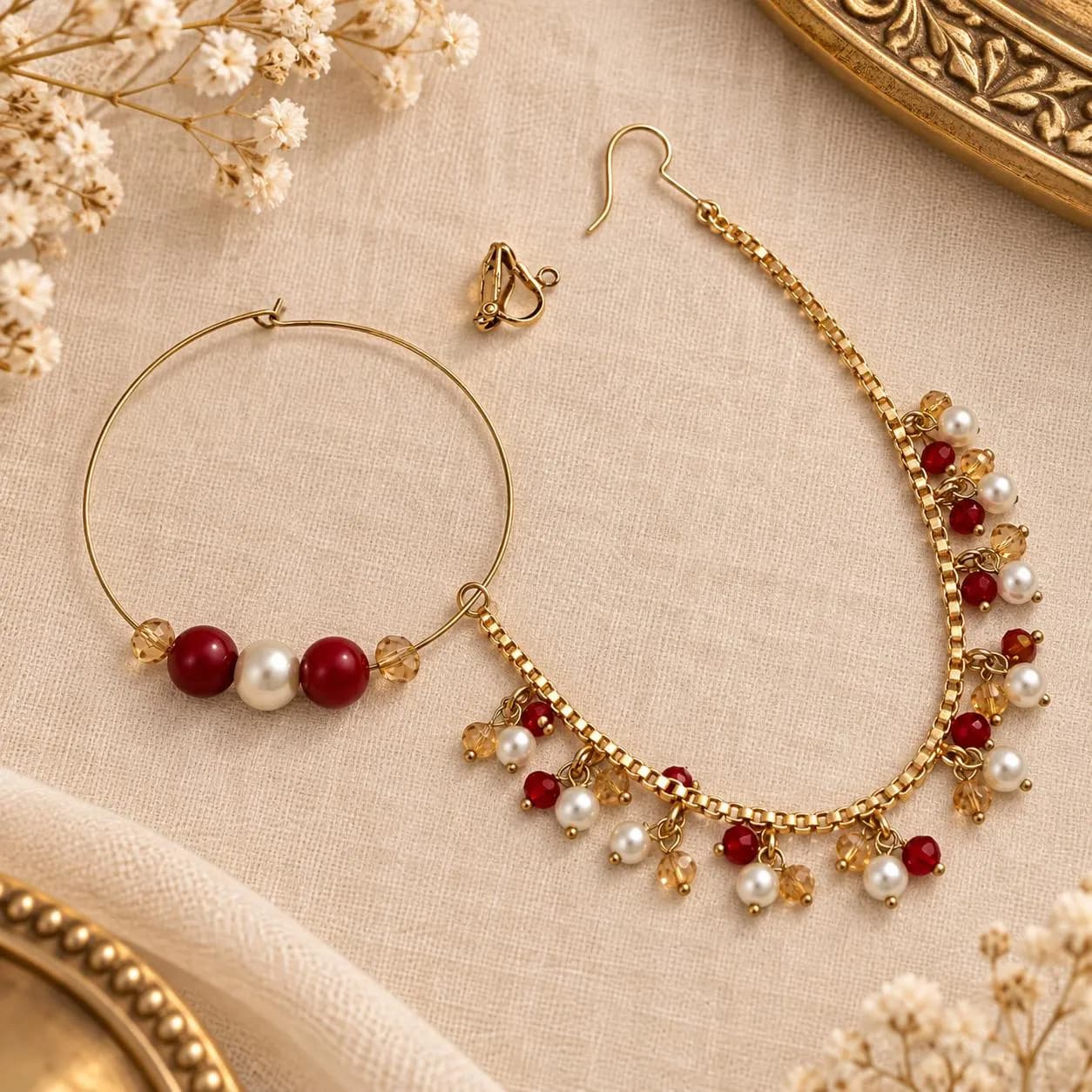 Gold Plated Indian Nose Ring: Bridal Nath with Pearls & Crystals