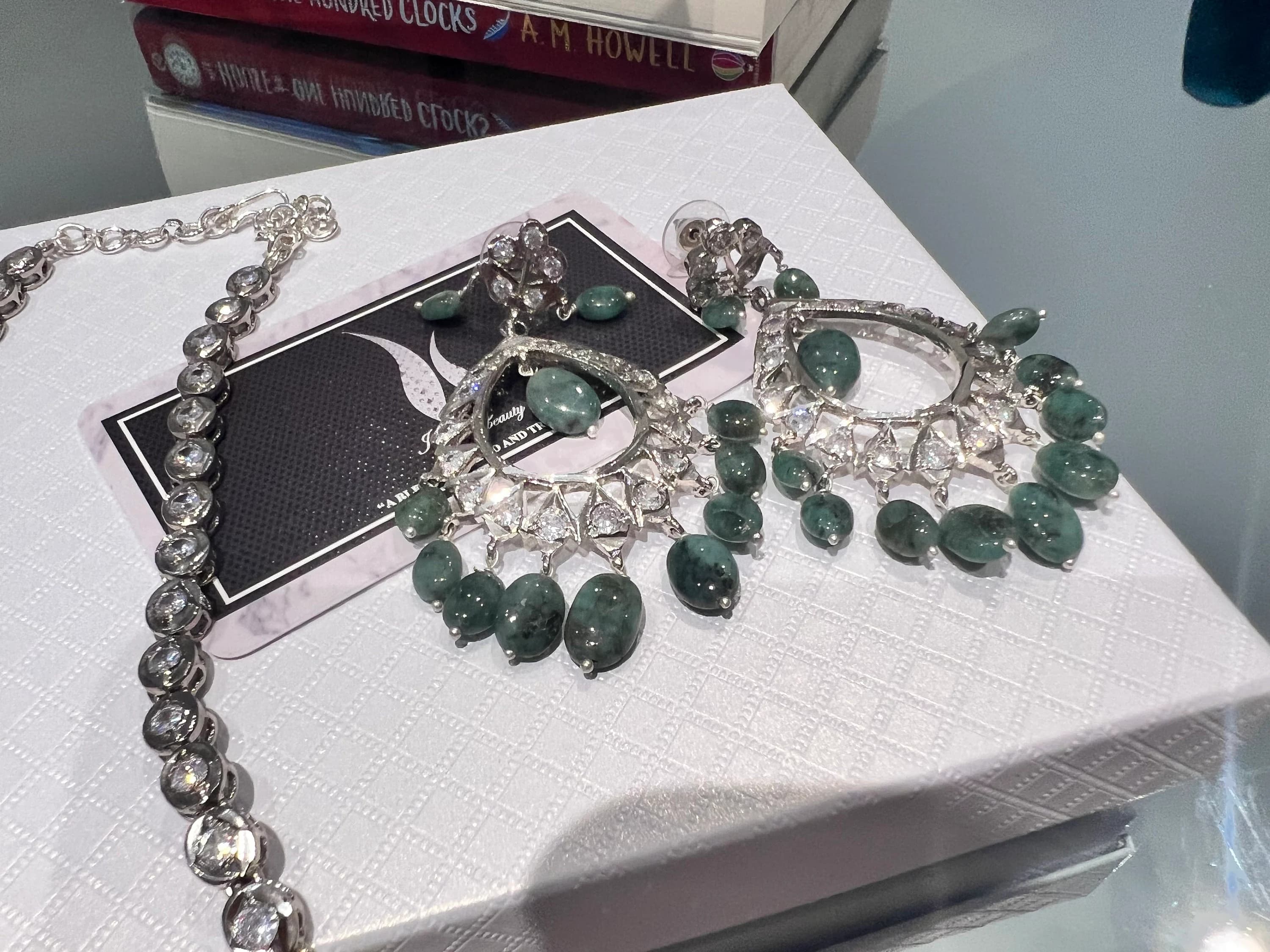 Real Emerald Drop Jewelry Set Sterling Silver Plated Necklace & Earrings set, - image 3