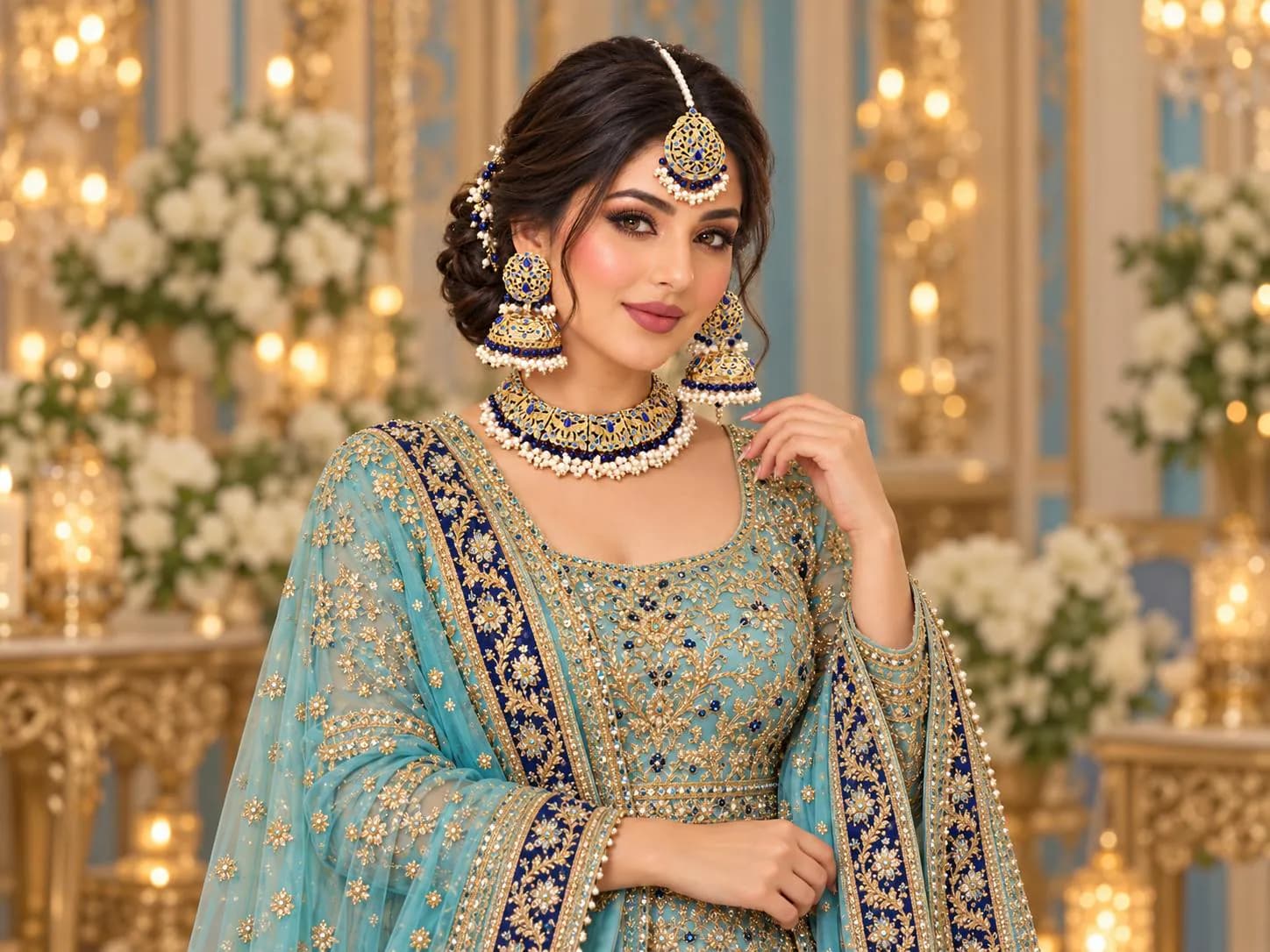 Blue Bridal necklace Set gold plated with Oversized Jhumkas, Maang Tikka, indian jewelry pakistani designer jewellery