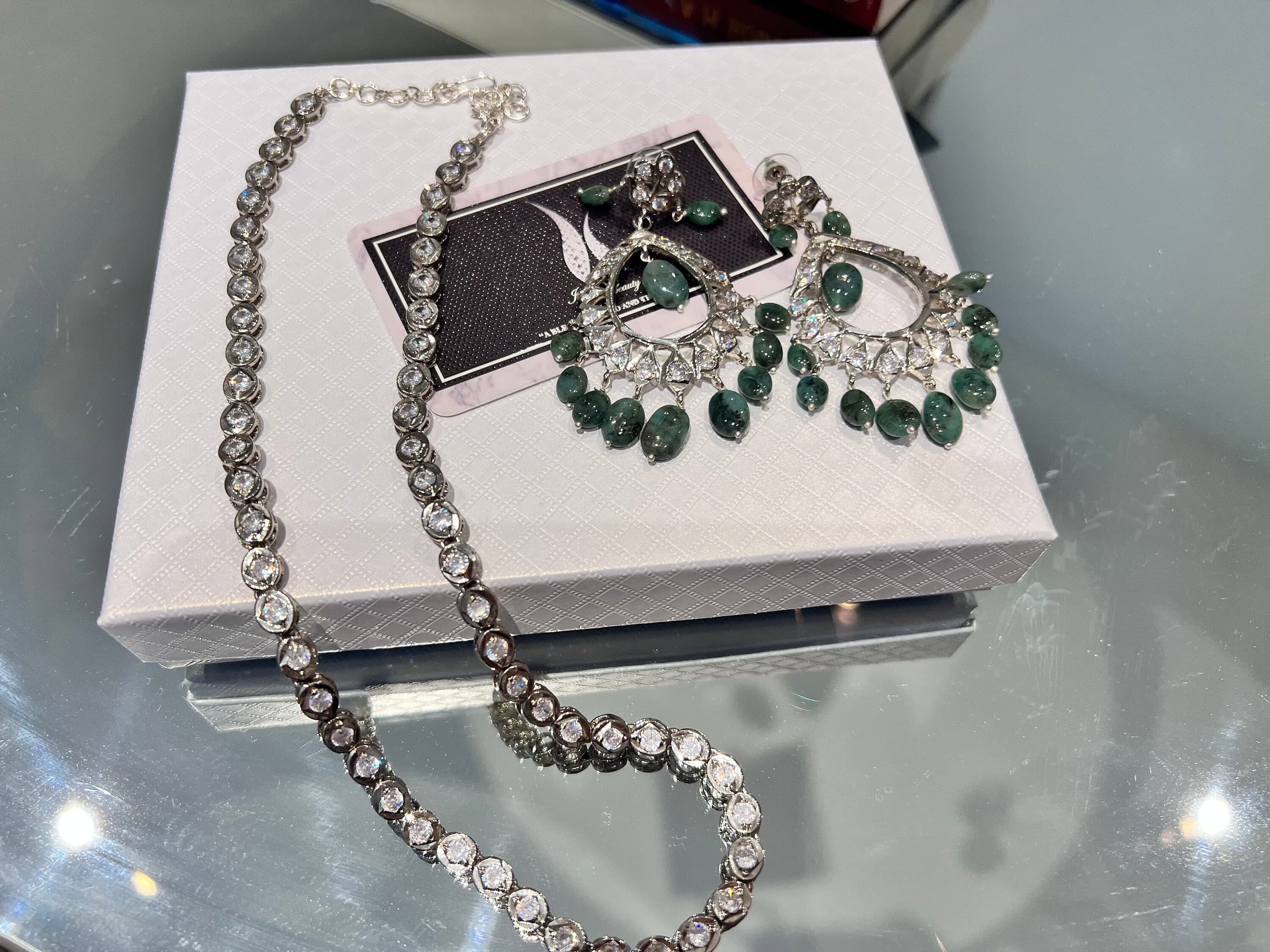 Real Emerald Drop Jewelry Set Sterling Silver Plated Necklace & Earrings set, - image 5