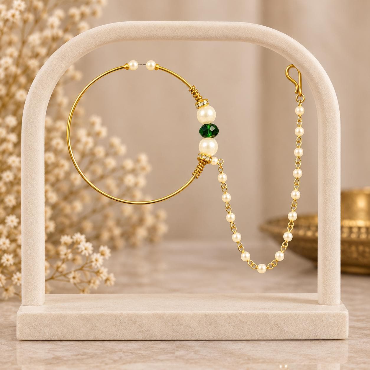 Non Pierced Bridal Nose Ring With Pearl Chain, Gold Plated Green Indian Nath, 2.2 Inch Pakistani Wedding Nose Ring - image 4