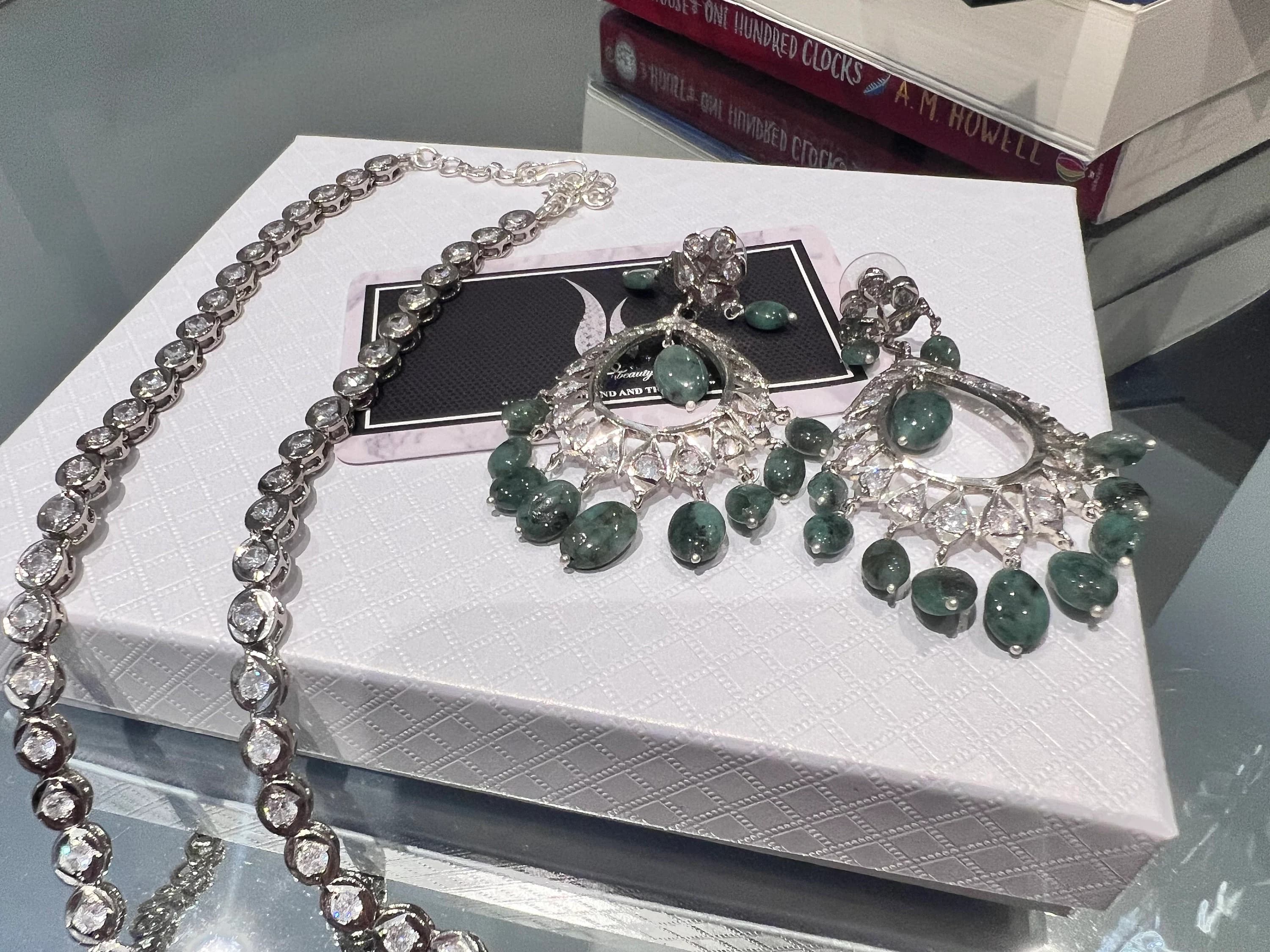 Real Emerald Drop Jewelry Set Sterling Silver Plated Necklace & Earrings set, - image 4