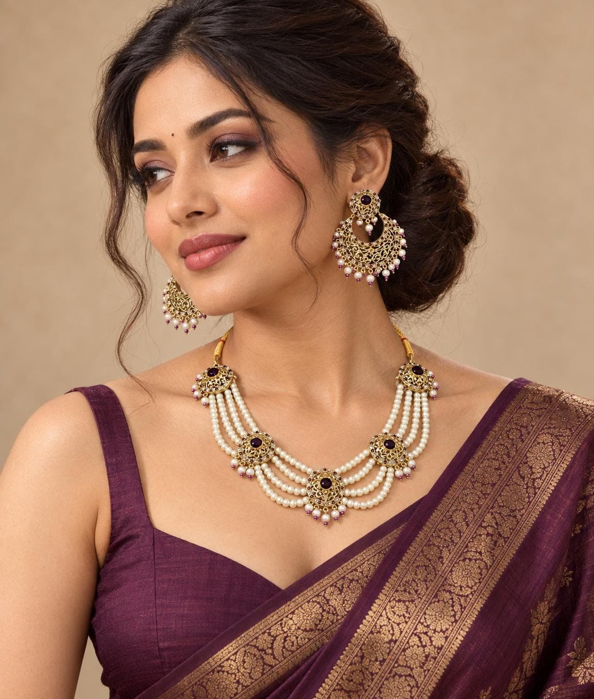 Gold Tone Purple Stone Hyderabadi Pearl Necklace Set with Chandbali Earrings