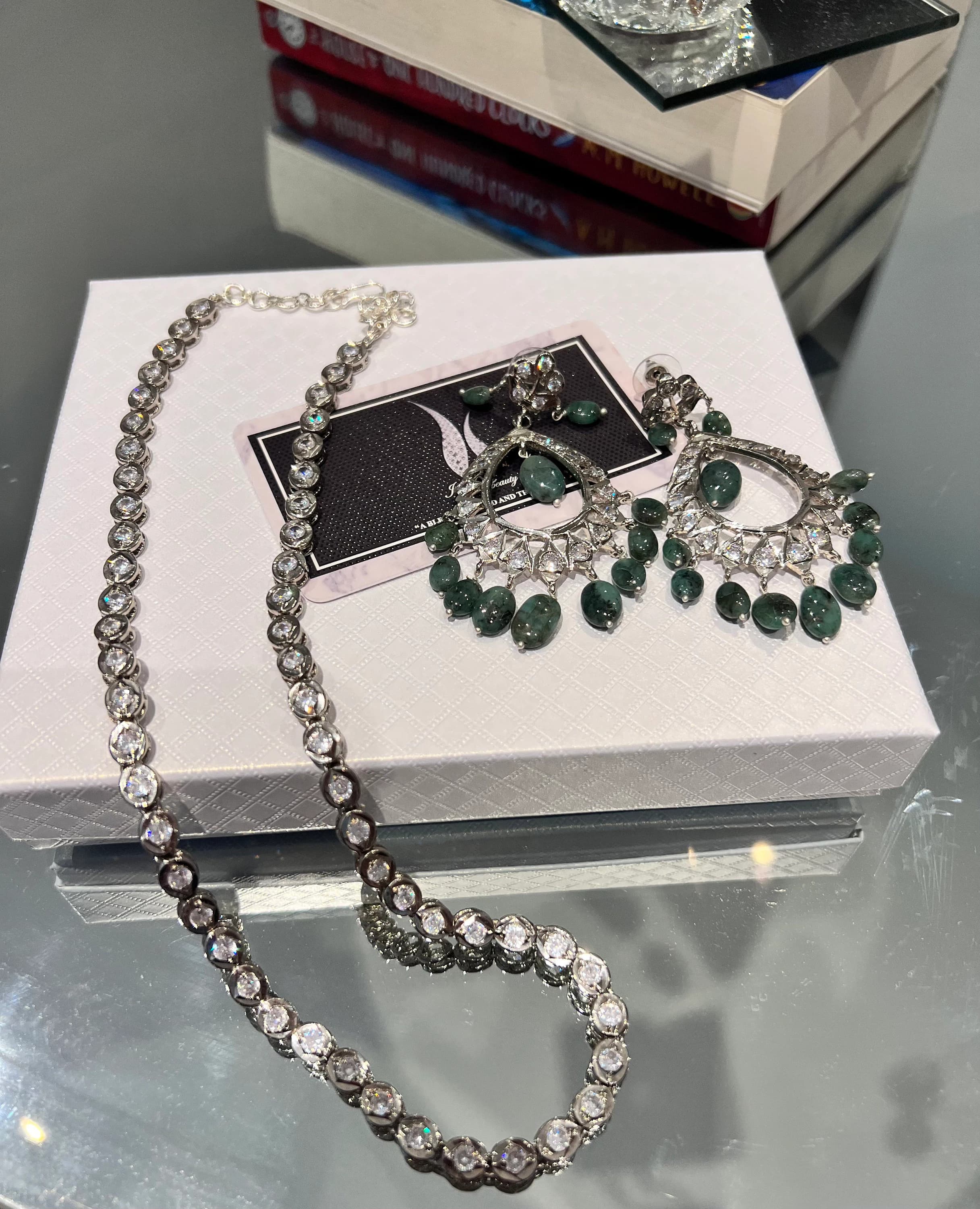 Real Emerald Drop Jewelry Set Sterling Silver Plated Necklace & Earrings set,