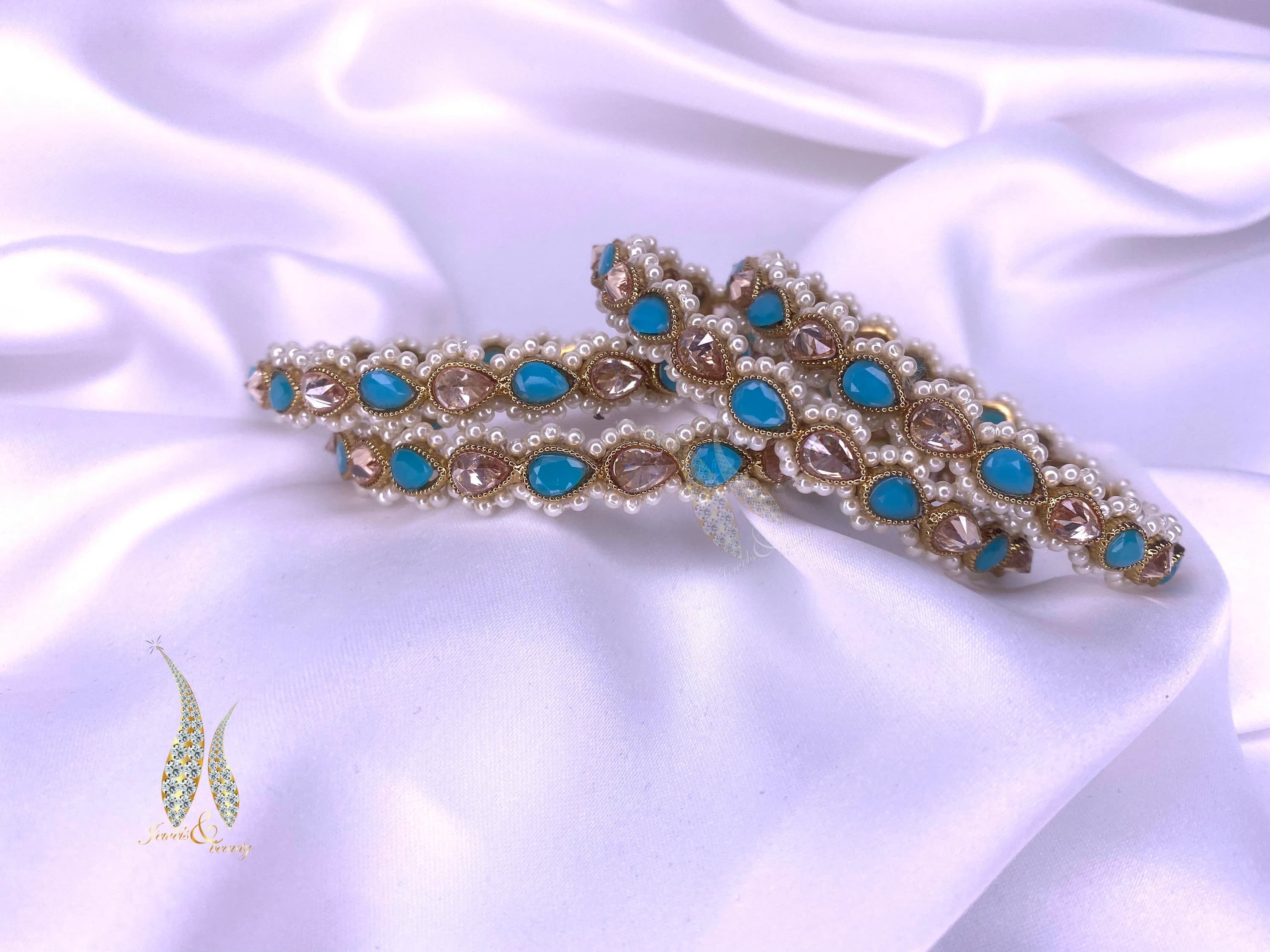 Indian Polki Bangles: Light Blue & Pearl Bracelet (Pair)