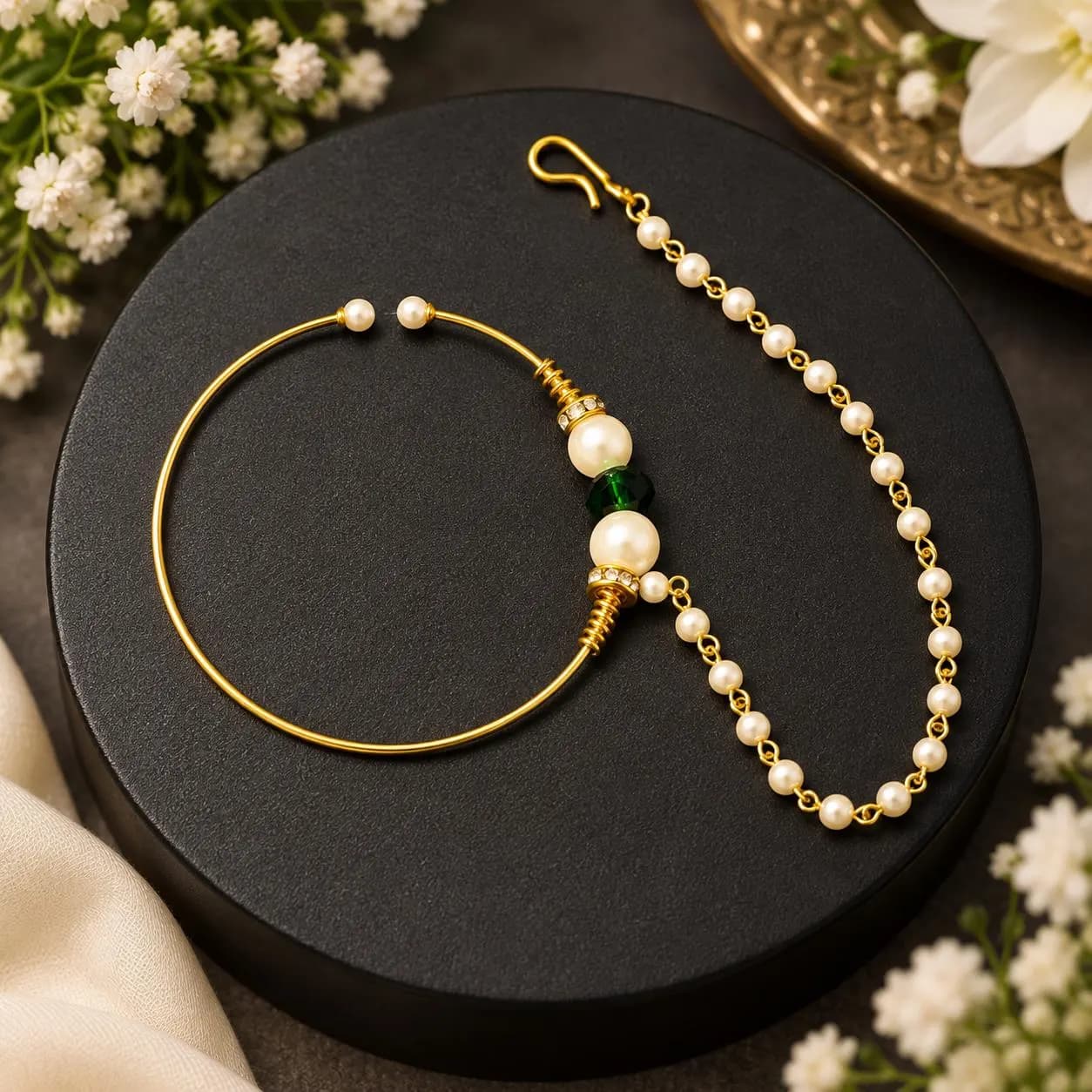 Non Pierced Bridal Nose Ring With Pearl Chain, Gold Plated Green Indian Nath, 2.2 Inch Pakistani Wedding Nose Ring