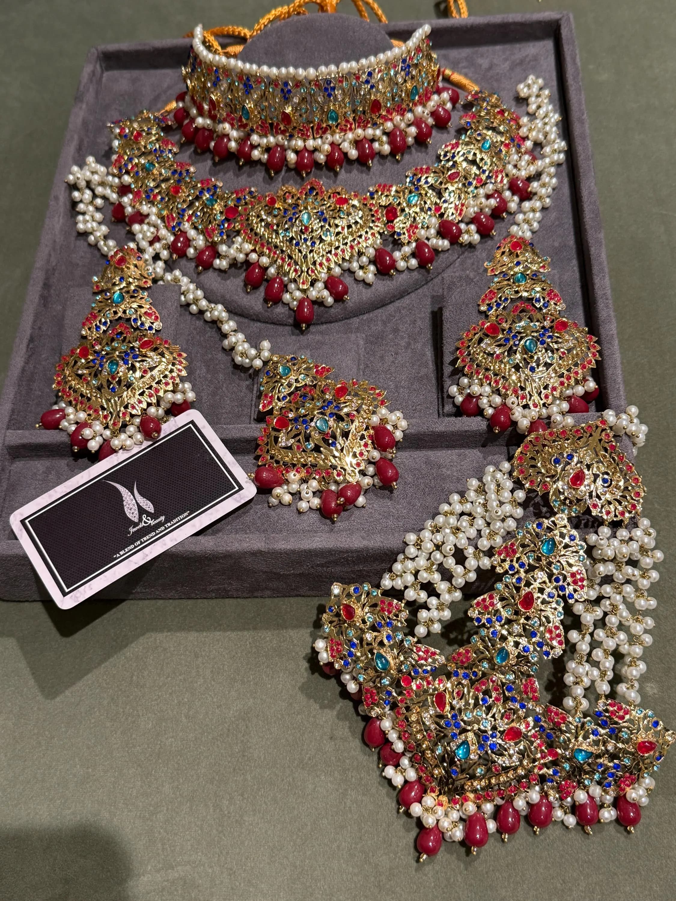 Gold Plated Hyderabadi Pakistani designer jewellery set Choker, necklace, earrings, tikka & jhummar set