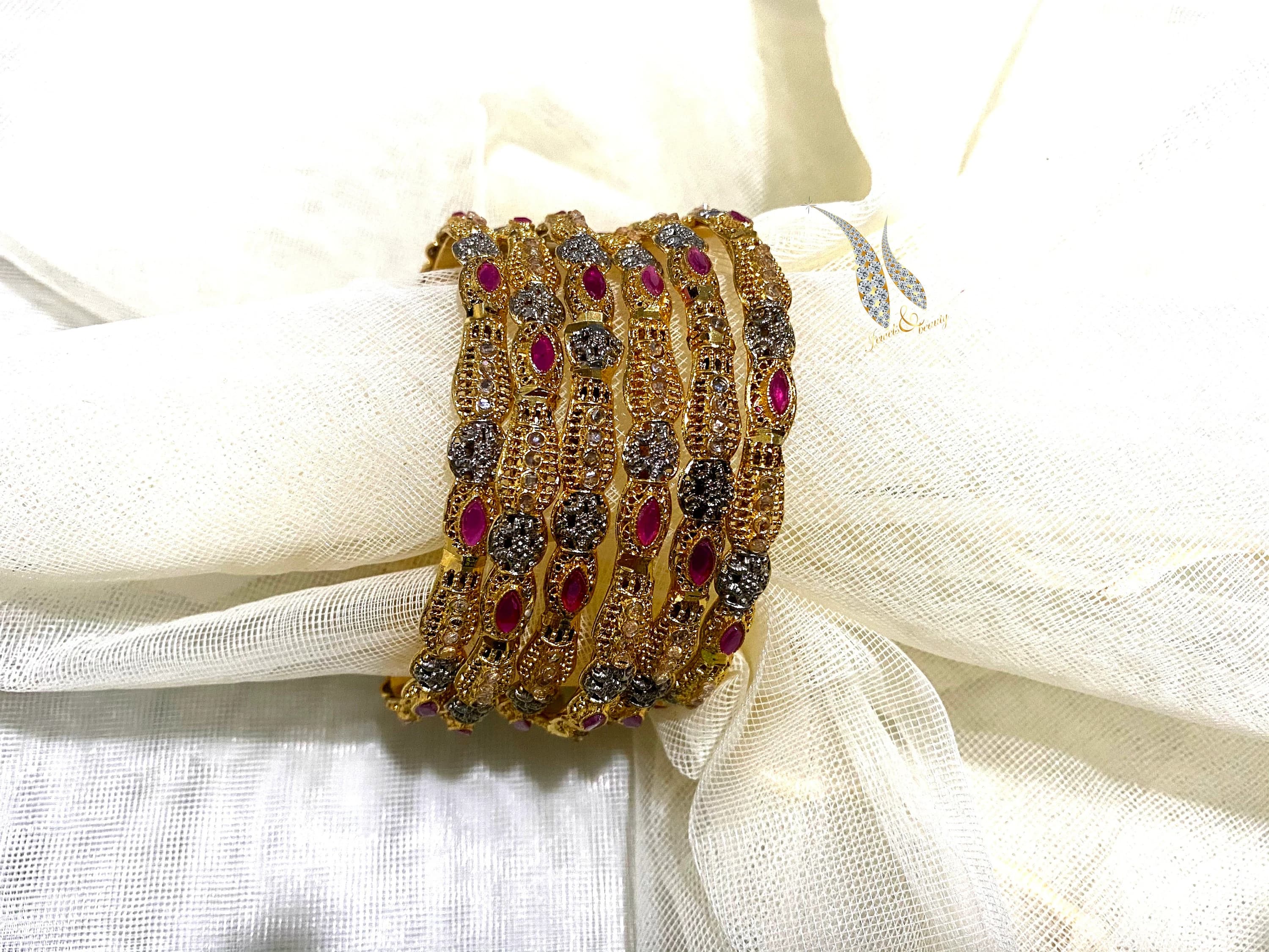 Gold Polish Ruby Bangles: Indian Bridal Jewelry, Set of 6 - image 5