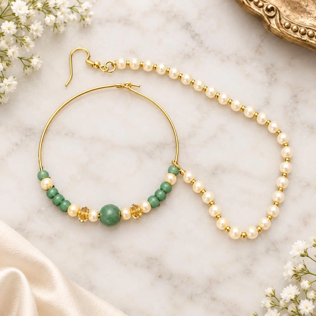 Jade Green Pearl Bridal Nose Ring, Gold Plated Nath with Pearl Chain, Indian Pakistani Wedding Nath, Optional Nose Clip