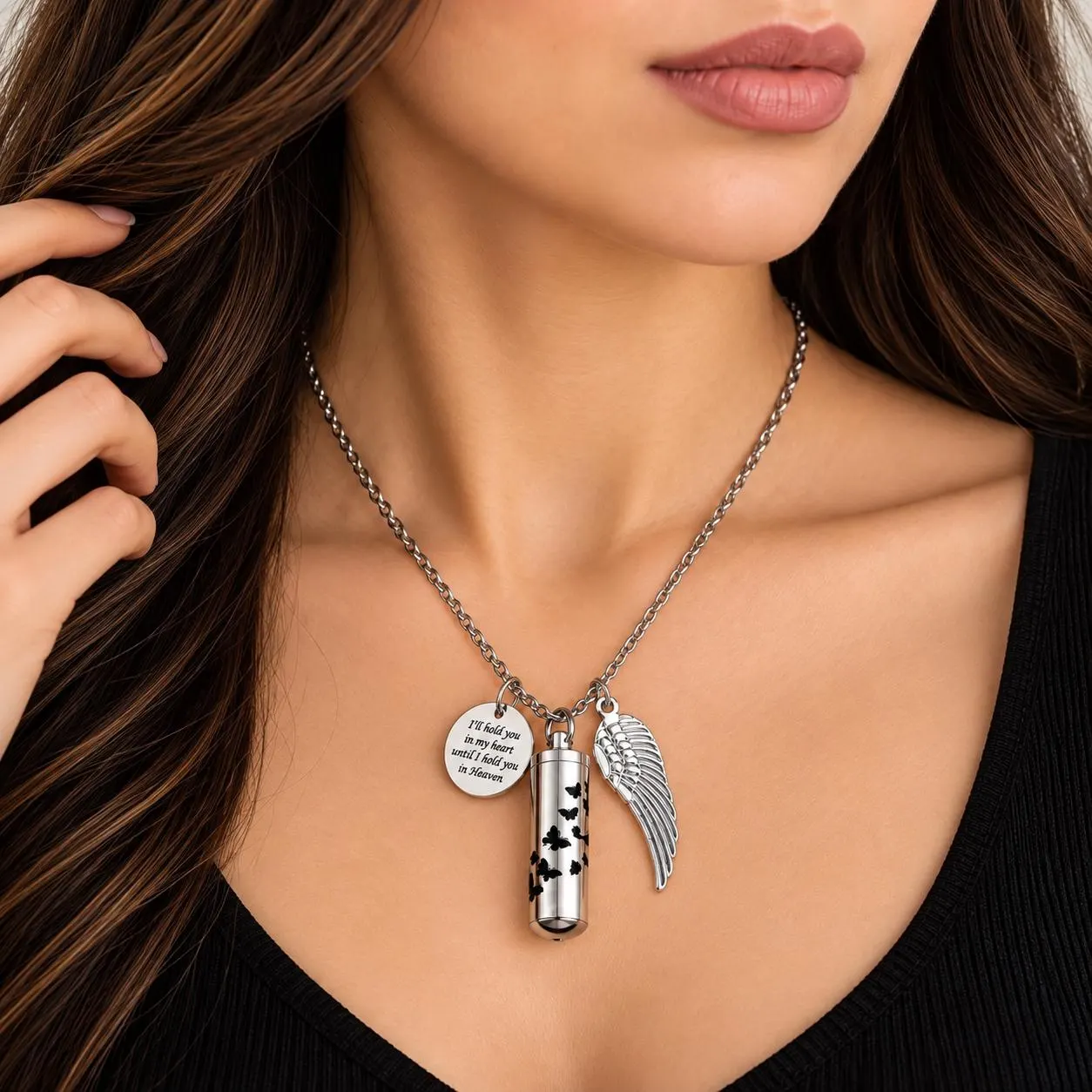Butterfly Cremation Urn Necklace, Stainless Steel Memorial Ashes Pendant with Angel Wing