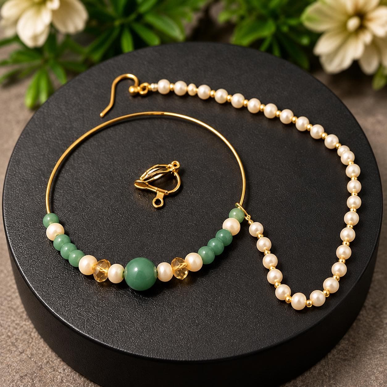 Jade Green Pearl Bridal Nose Ring, Gold Plated Nath with Pearl Chain, Indian Pakistani Wedding Nath, Optional Nose Clip - image 3