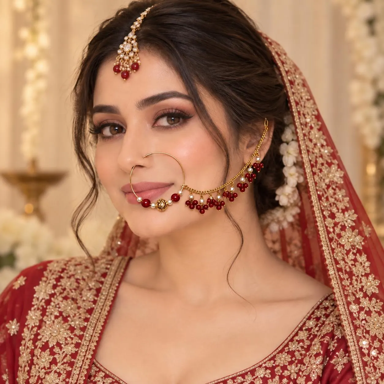Gold Plated Indian Nose Ring: Bridal marron Nath with Pearls and maroon beads