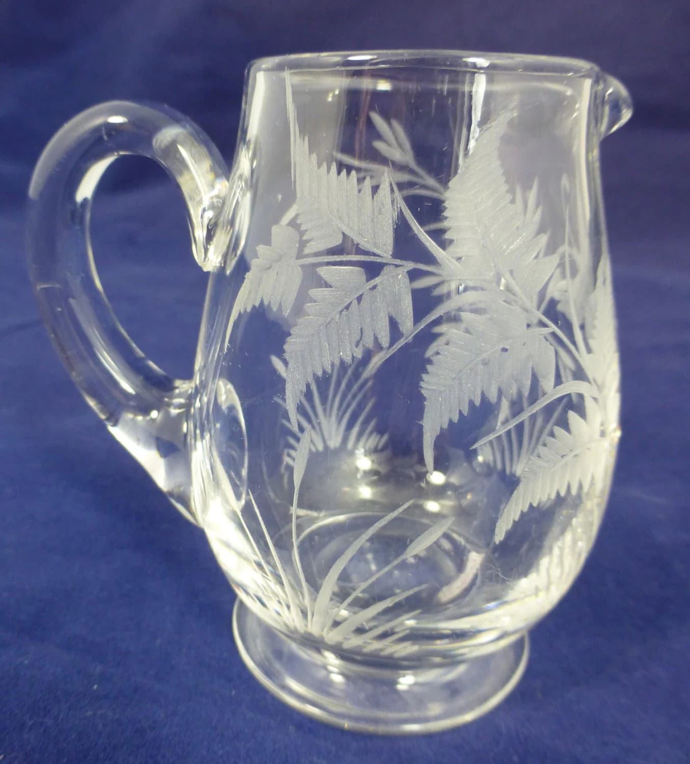 Vintage Crystal Hand Engraved Milk Jug / Creamer / Small pitcher with Beautiful design of Grass, Fern and Butterfly - Collectible glass jug - image 4