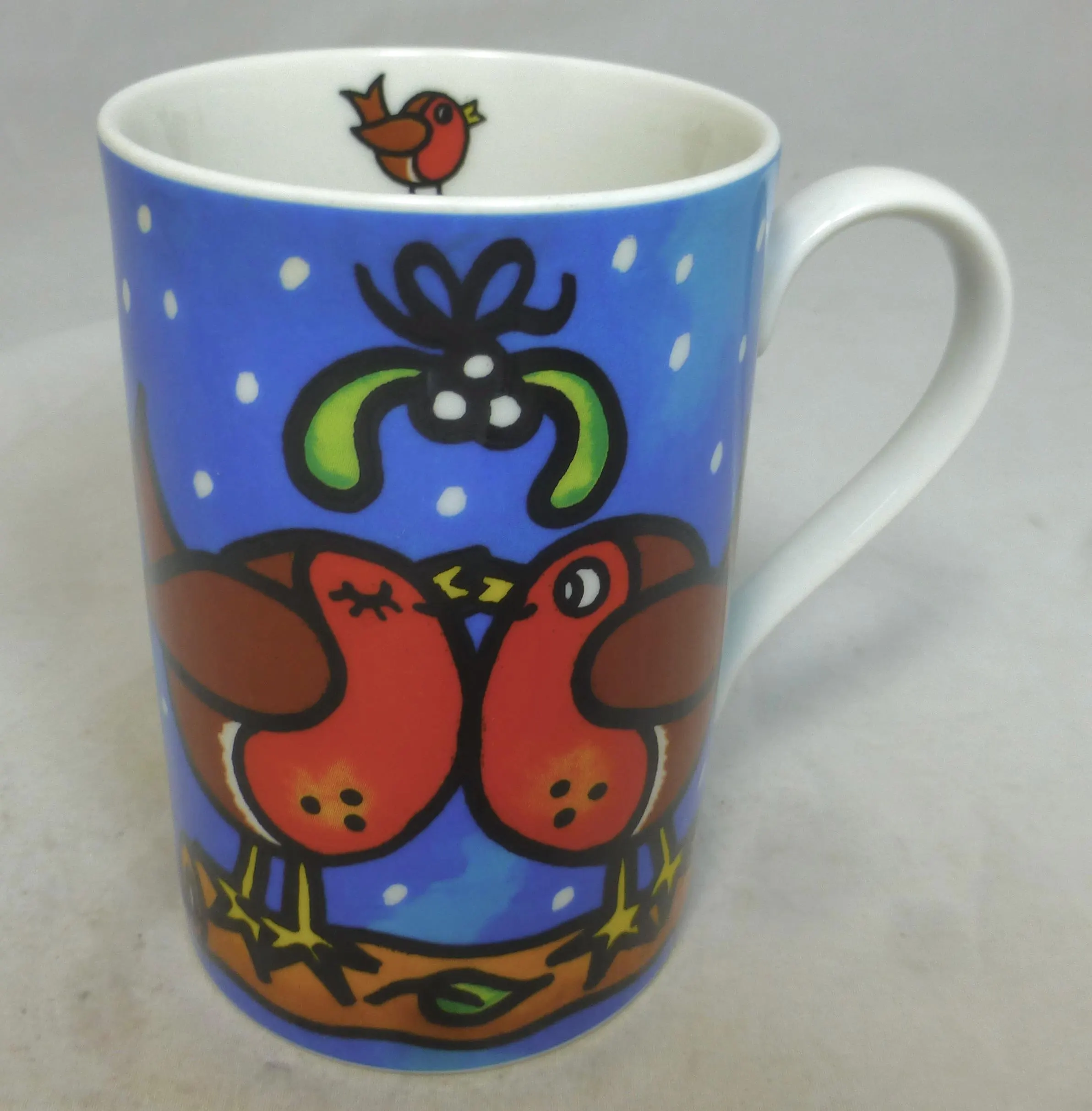 Dunoon Festive Fun Mug with Kissing Robins and Yellow Cat in Red Santa Hat - Jane Brookshaw Design - Scottish Stoneware - Made in Scotland - image 4