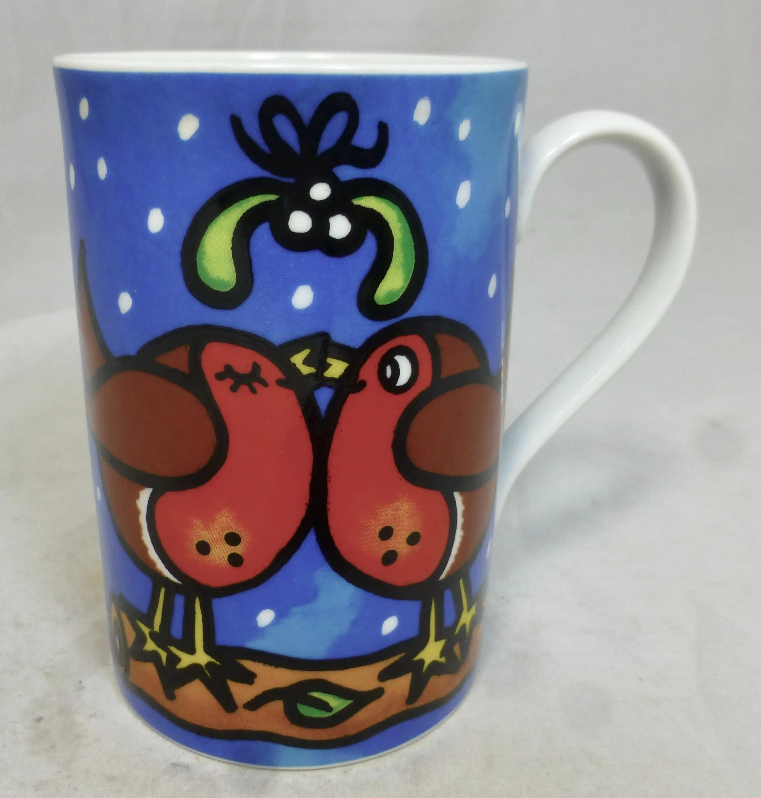 Dunoon Festive Fun Mug with Kissing Robins and Yellow Cat in Red Santa Hat - Jane Brookshaw Design - Scottish Stoneware - Made in Scotland - image 5