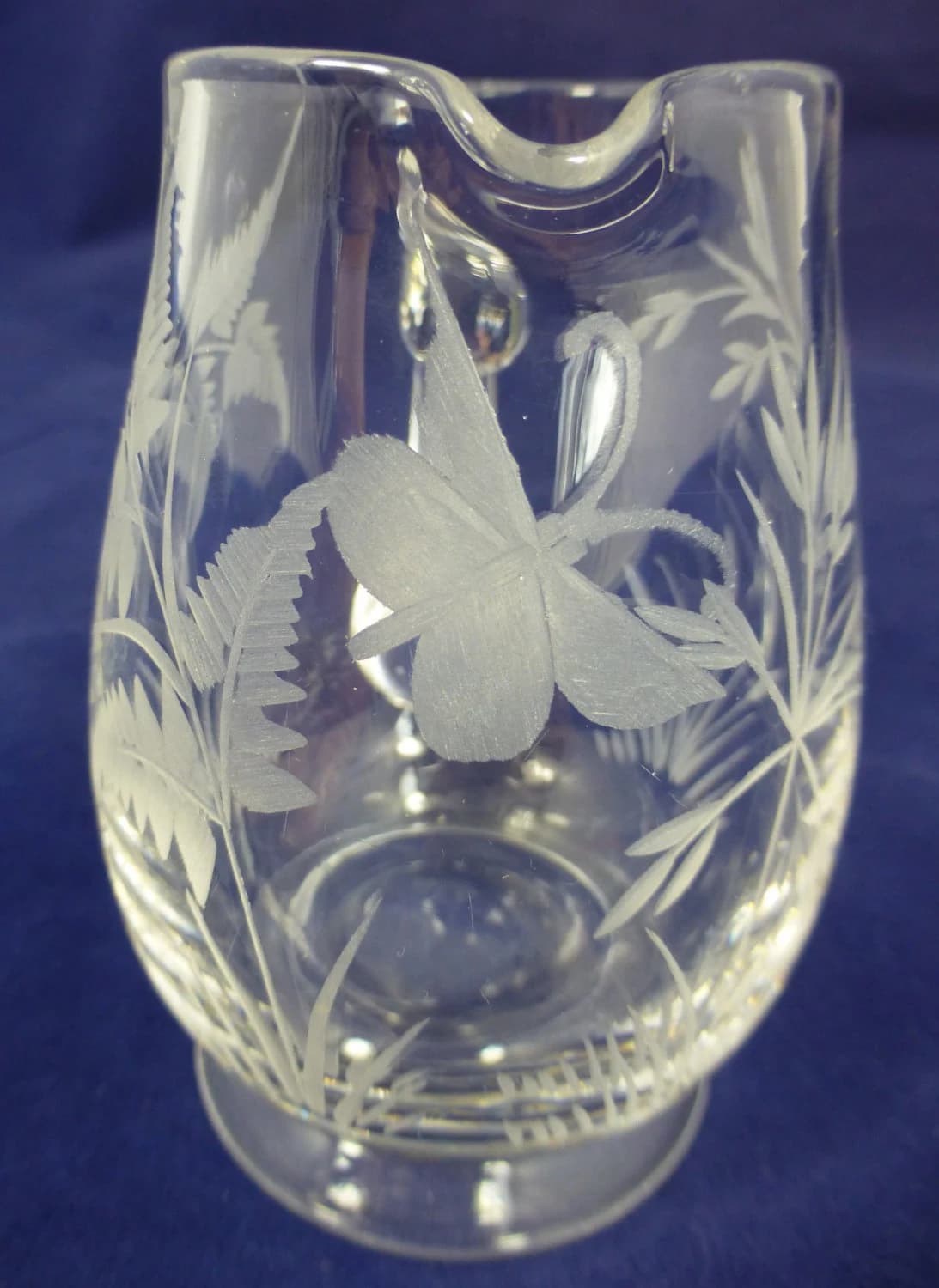 Vintage Crystal Hand Engraved Milk Jug / Creamer / Small pitcher with Beautiful design of Grass, Fern and Butterfly - Collectible glass jug - image 5