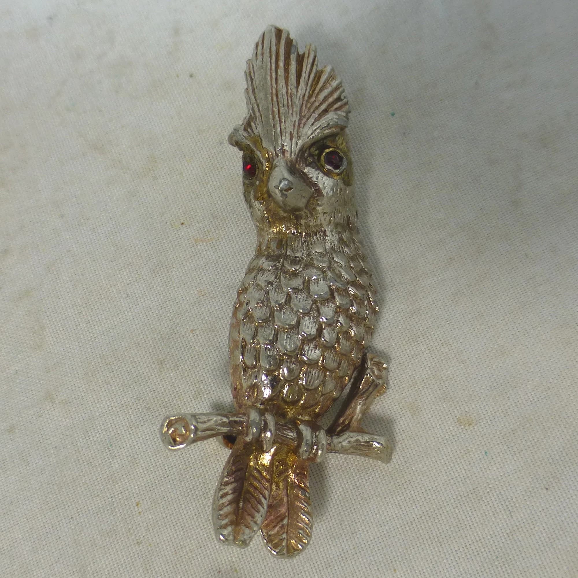 Vintage Cockatoo Parrot Silver Tone Metal with Two Ruby Red Crystal Eyes Pin Brooch - Budgie / Parakeet / Bird Animal Costume Jewellery Gift - image 3