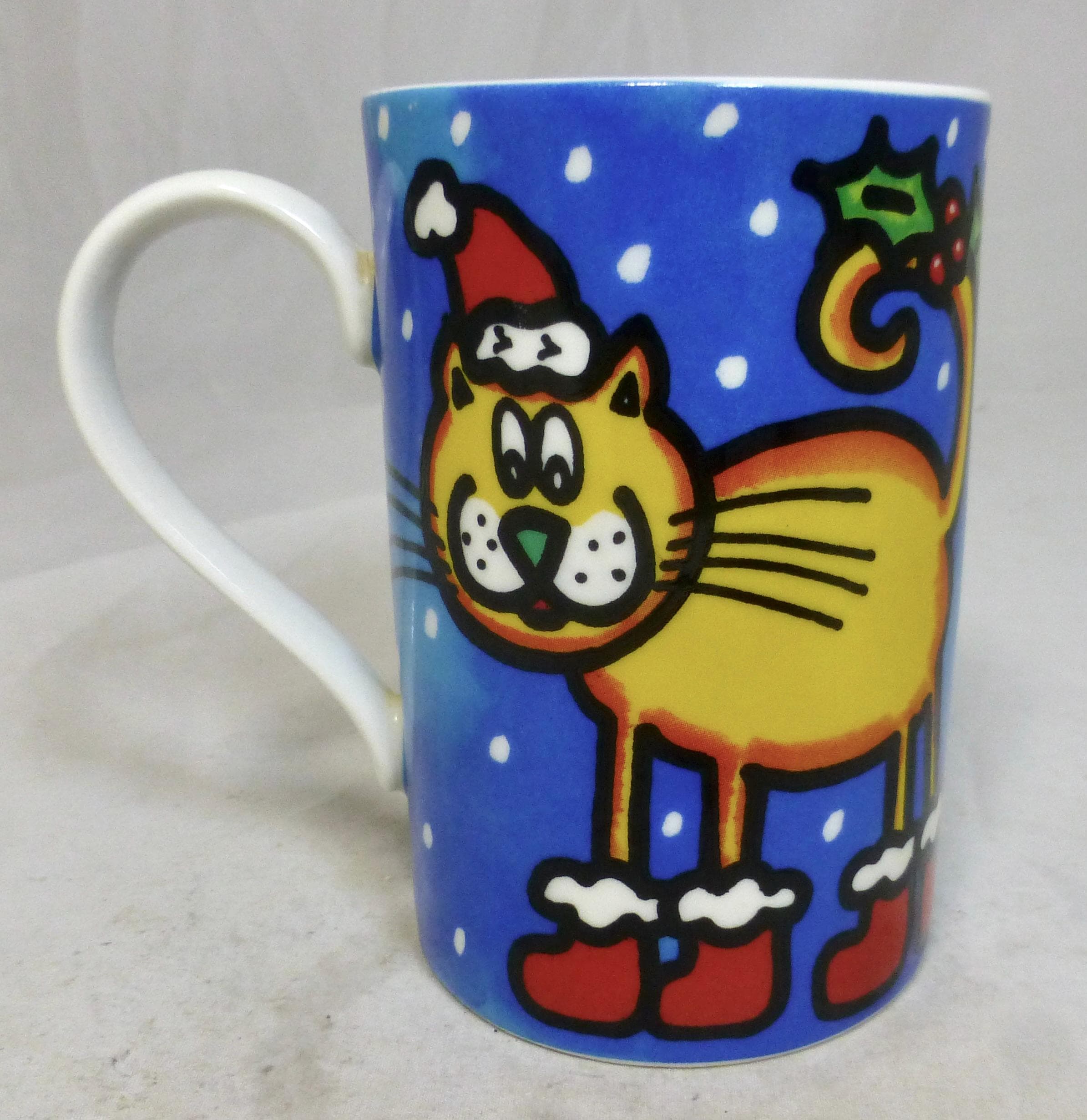 Dunoon Festive Fun Mug with Kissing Robins and Yellow Cat in Red Santa Hat - Jane Brookshaw Design - Scottish Stoneware - Made in Scotland - image 3