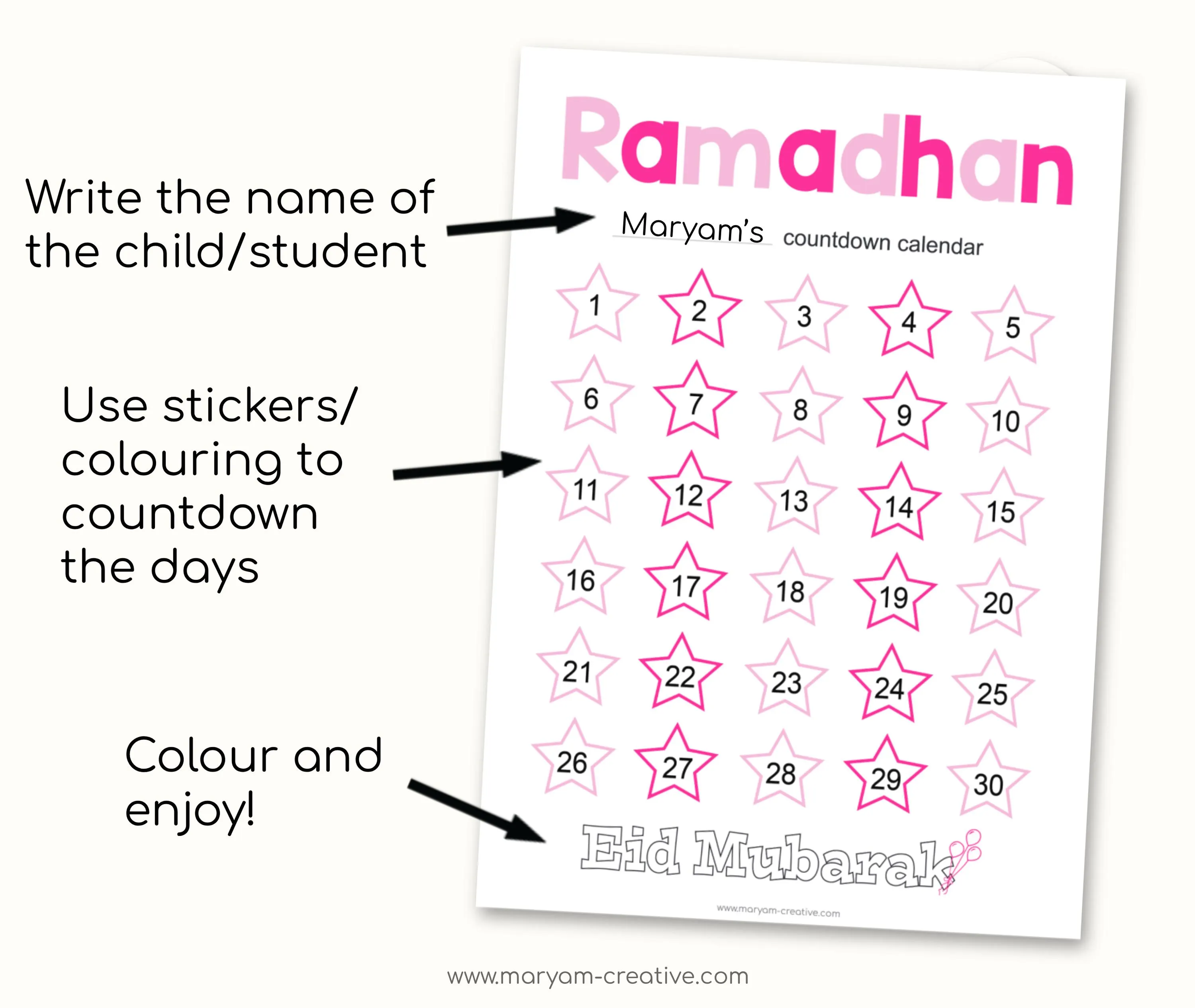 Ramadhan calendar colourful countdown days, Eid, Muslim kids, Islam for kids - Instant Download - image 3