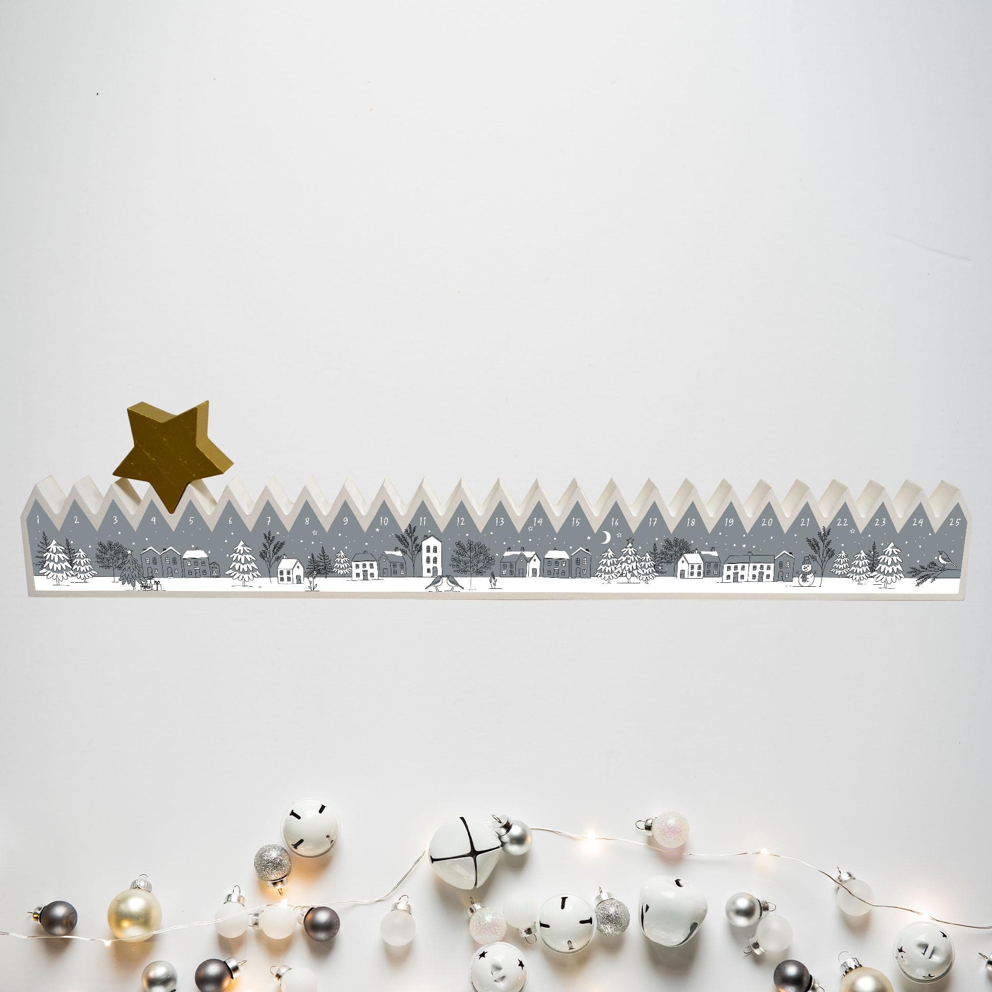 Snow Scene Wooden Advent Calendar: Moving Star, Festive Village