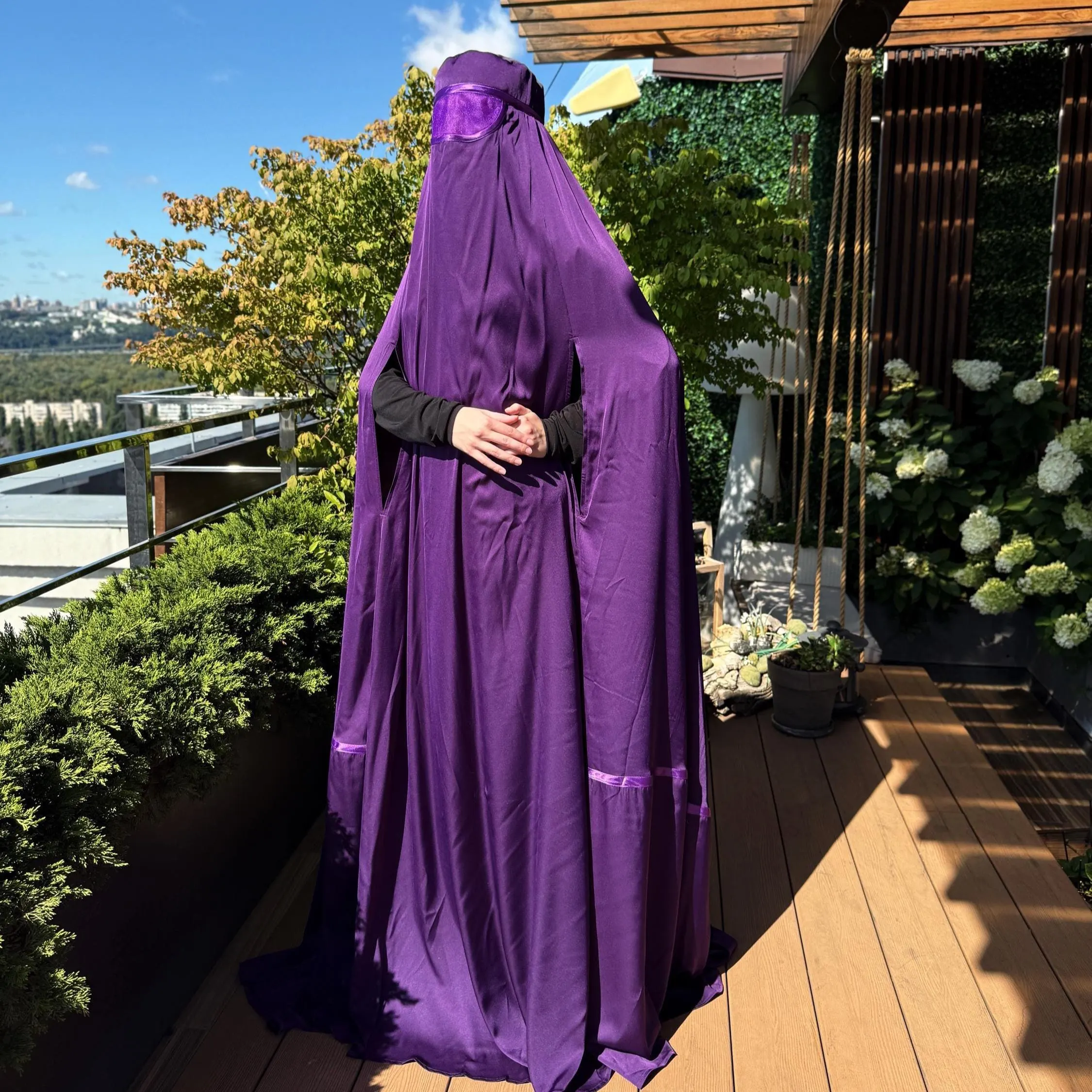 Eggplant color silk Afghan burqa cape, full niqab veil, Saudi abaya