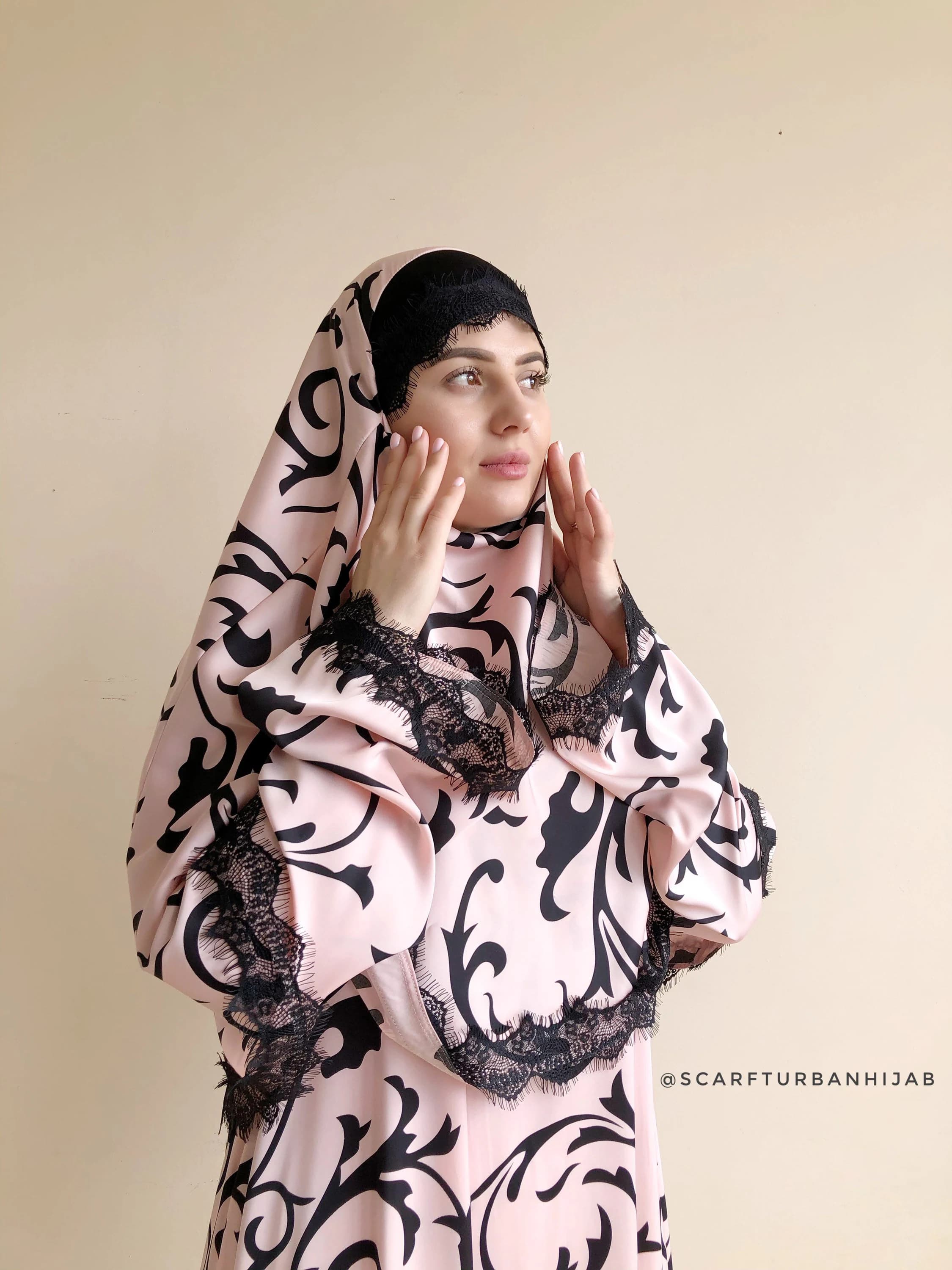 Black and pink silk elegant dress, lace abaya, stylish hijab, modesty clothing - image 5
