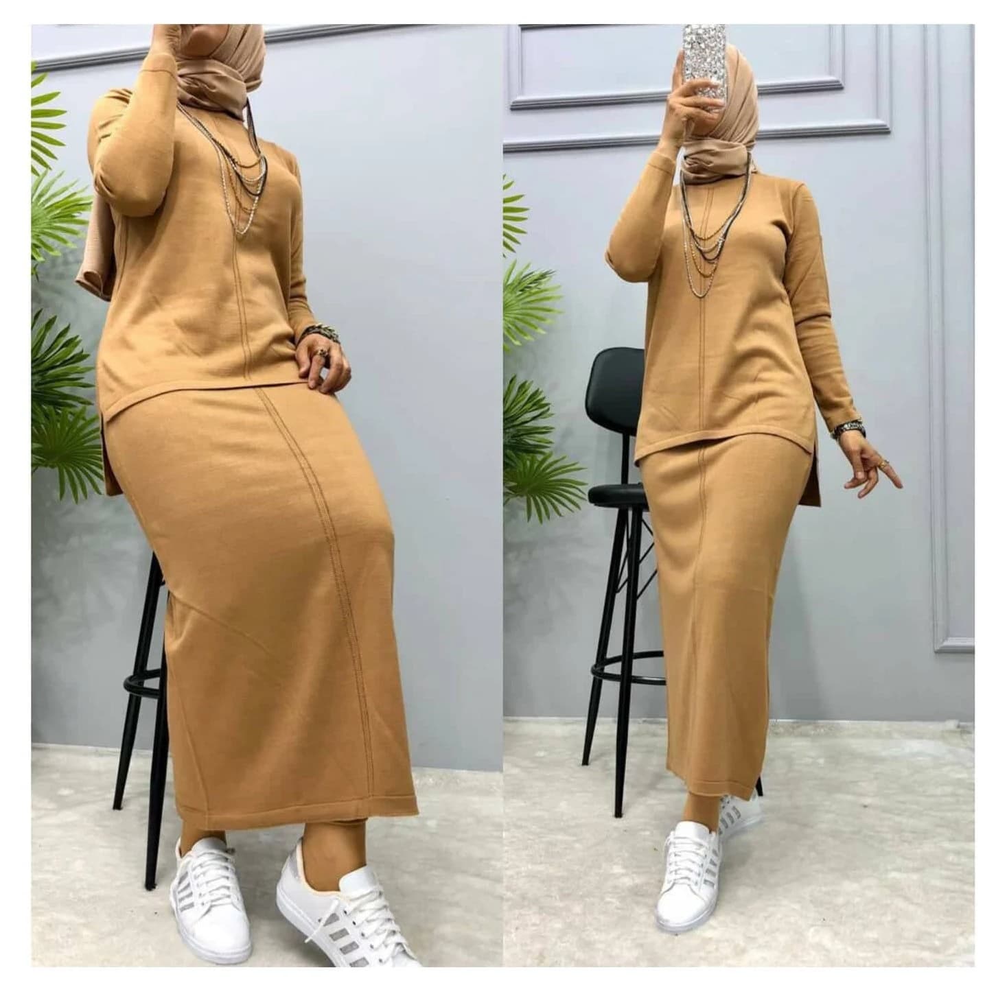 Bronze Jersey Knit Maxi Skirt Set, Boho Oversized Tunic, Free Size - image 3