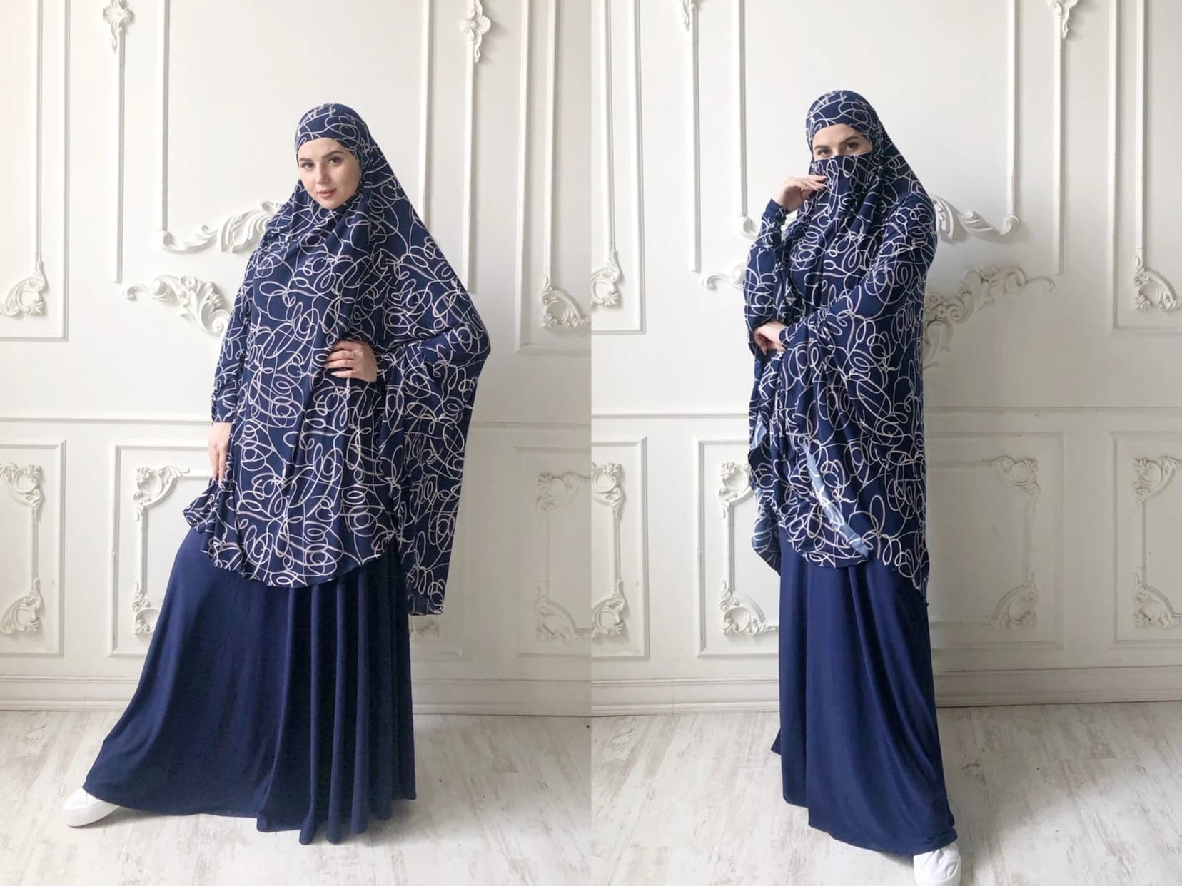 Navy Blue Abstract Jersey Khimar, Jilbab Niqab Hijab, Islamic Prayer Scarf - image 3