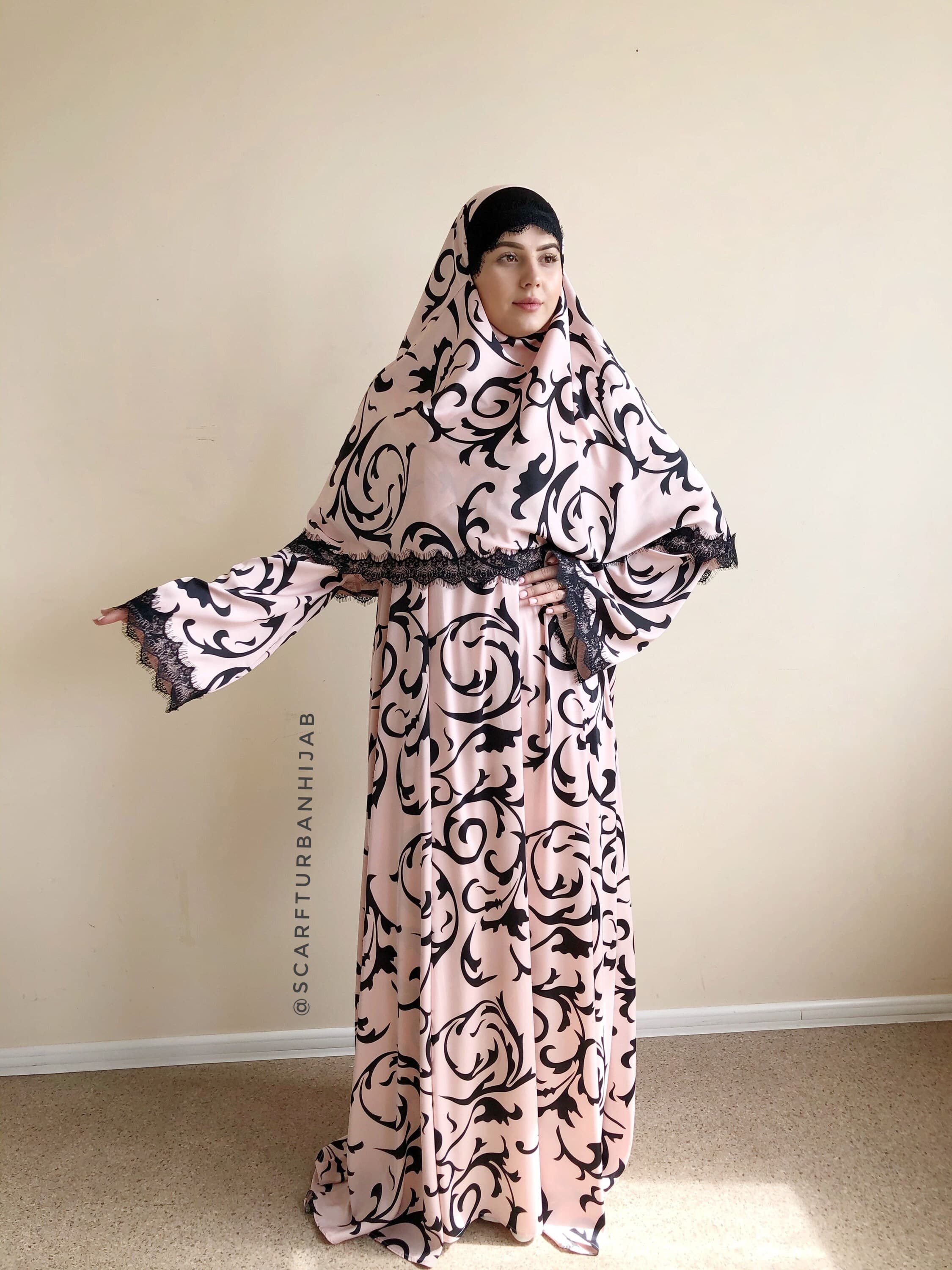 Black and pink silk elegant dress, lace abaya, stylish hijab, modesty clothing - image 4