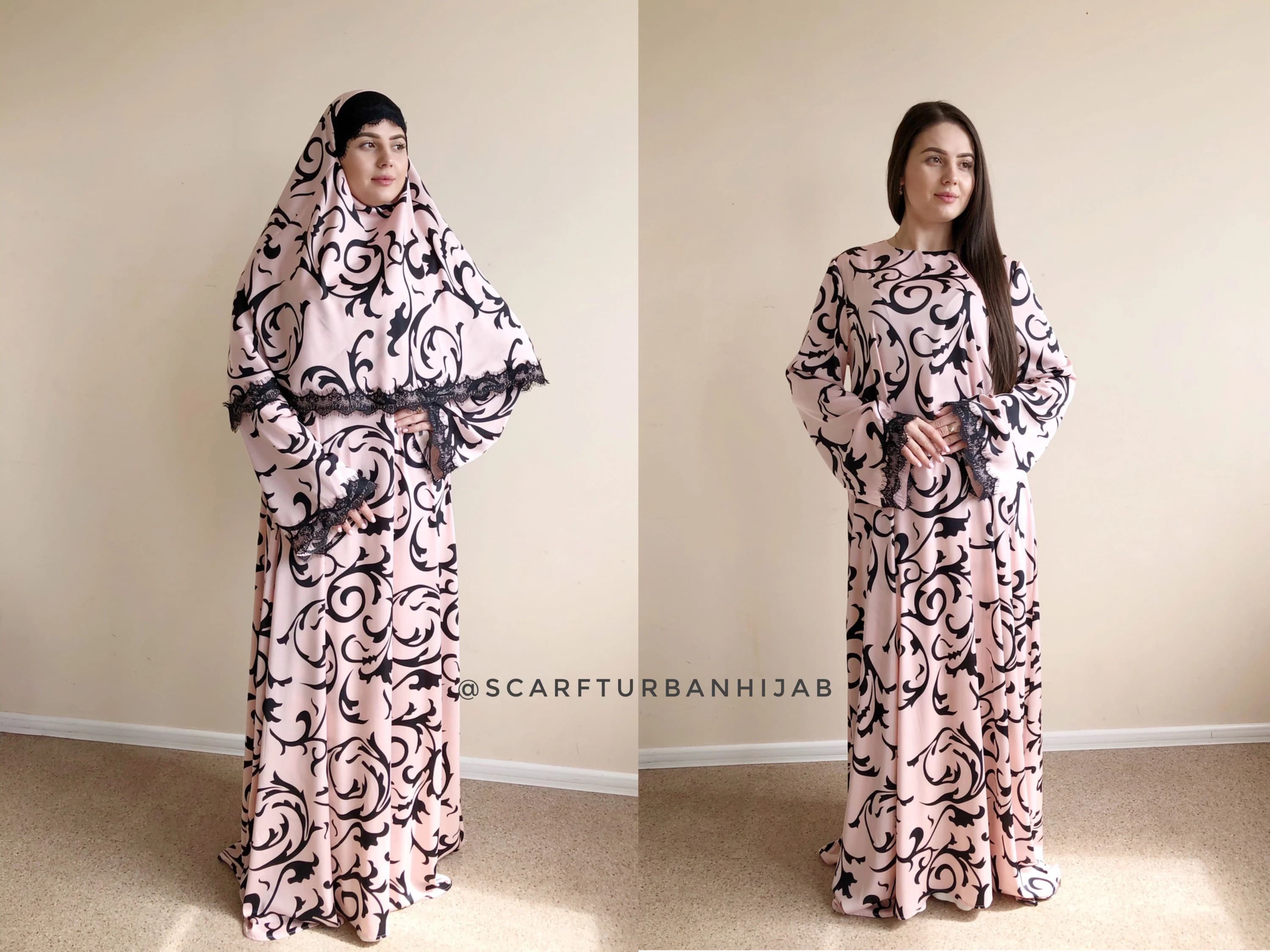 Black and pink silk elegant dress, lace abaya, stylish hijab, modesty clothing - image 3