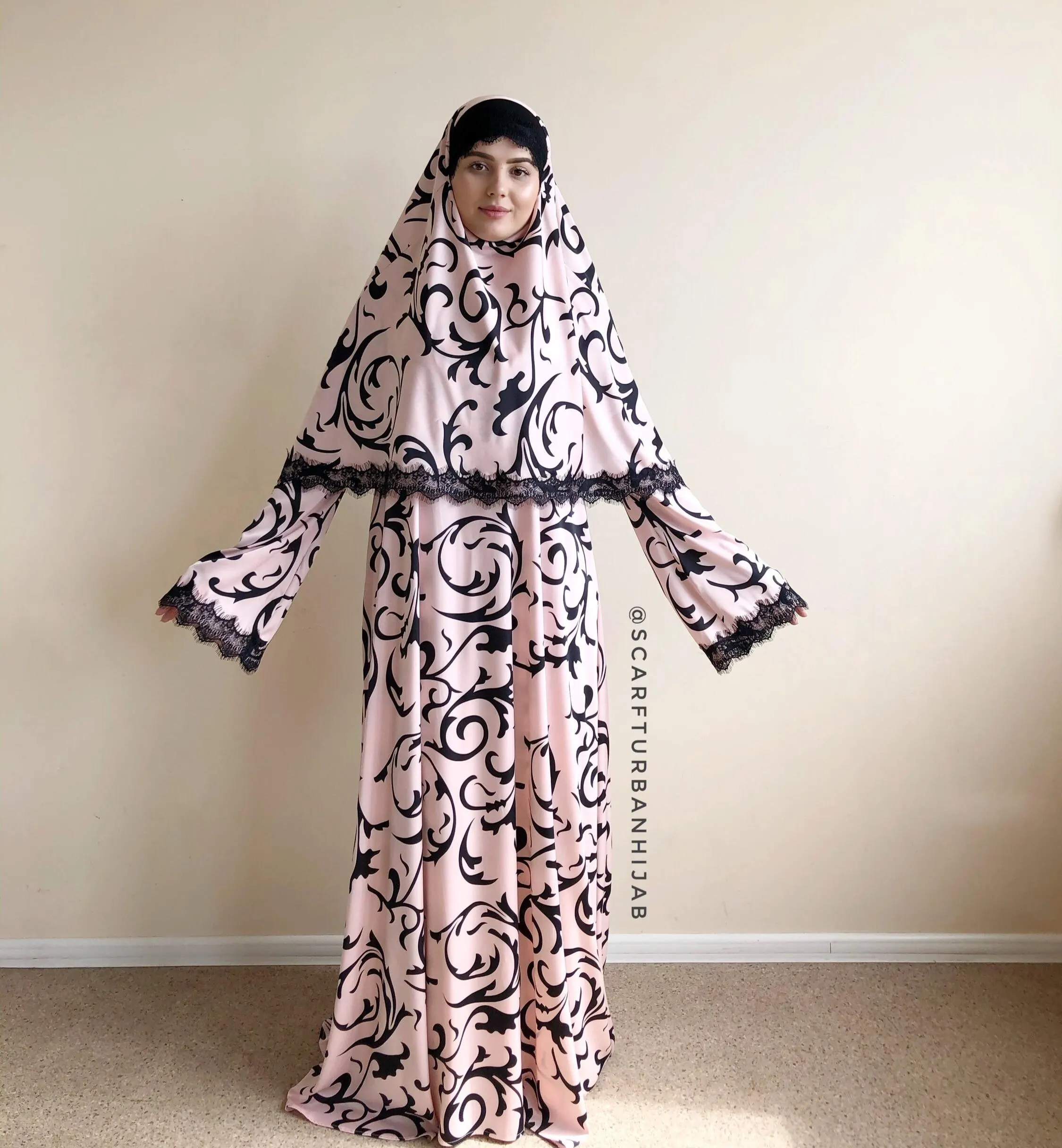 Black and pink silk elegant dress, lace abaya, stylish hijab, modesty clothing