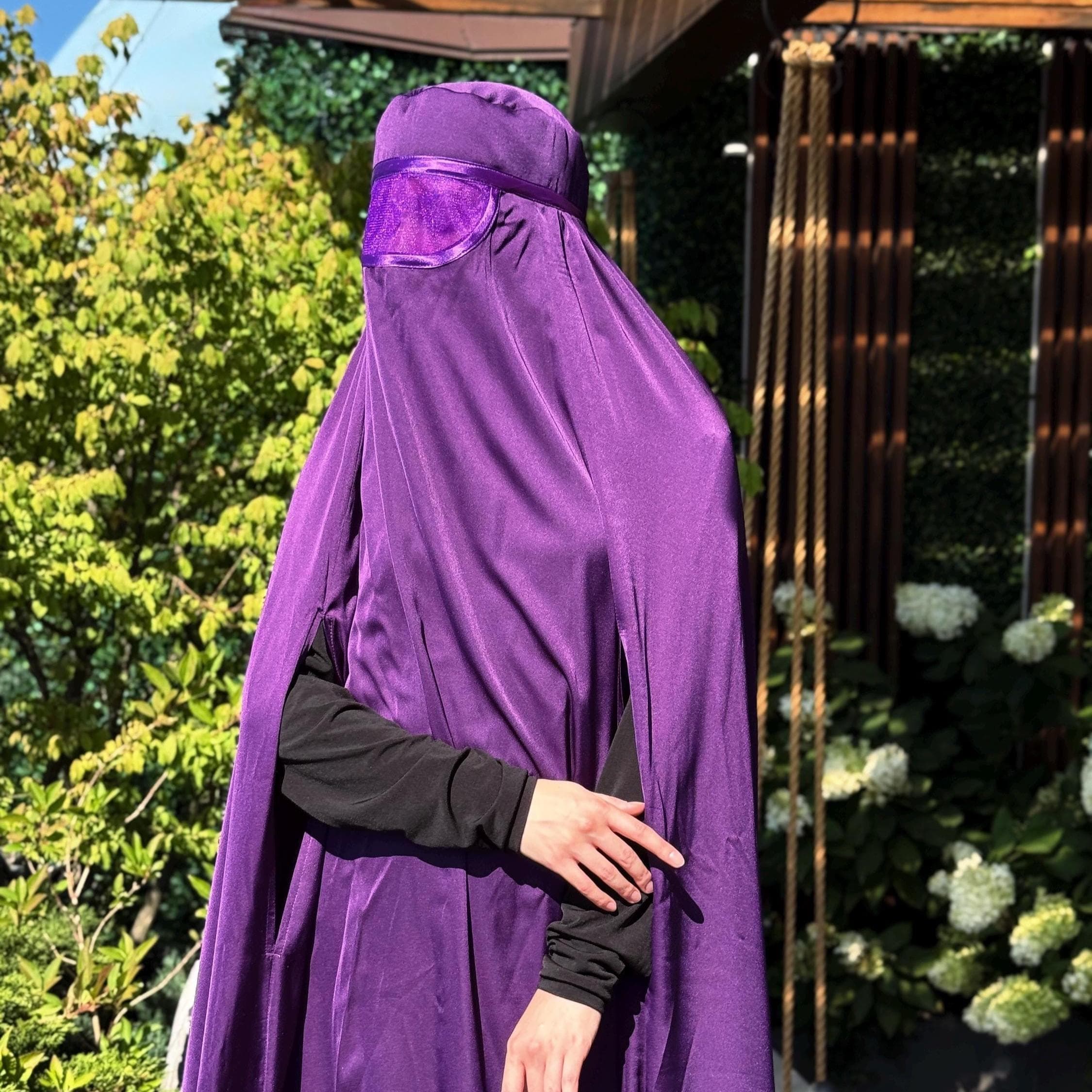 Eggplant color silk Afghan burqa cape, full niqab veil, Saudi abaya - image 5