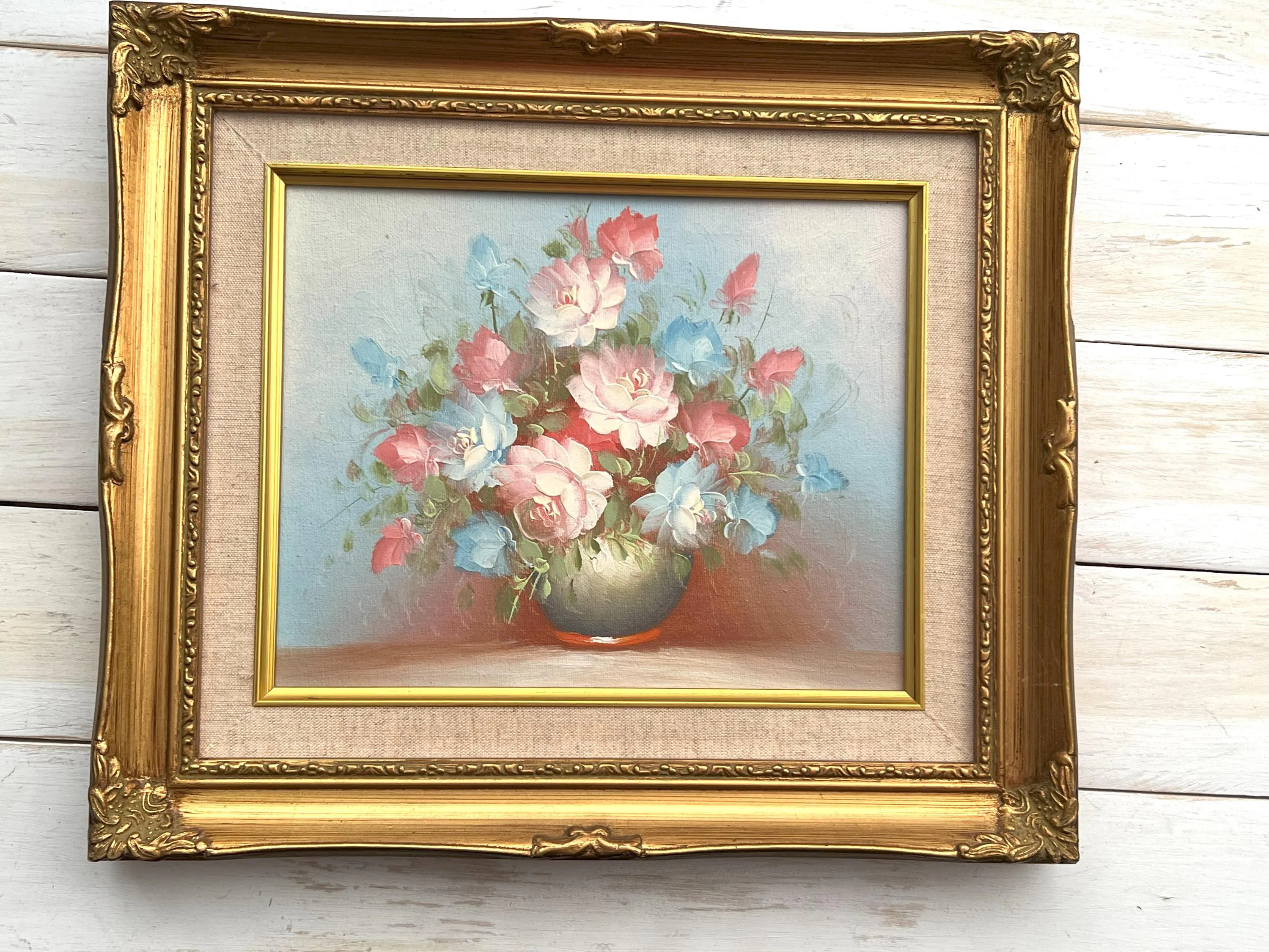 Vintage Flower Oil Painting on Hard Canvas, Gold Framed Flower Arrangement Oil Painting - image 3