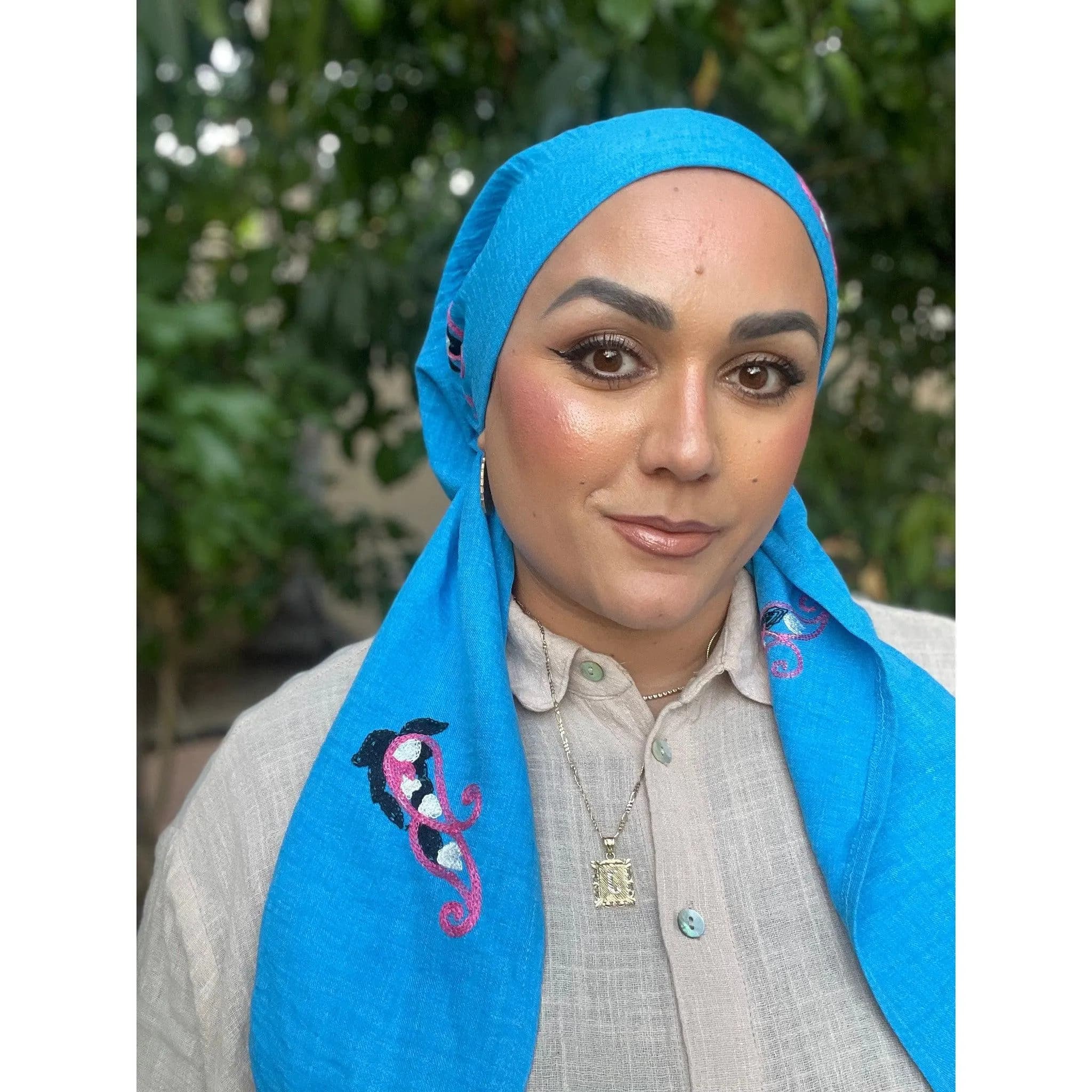 Linen Embroidered Pre Tied Head Scarf for Women, VELVET HEADBAND Attached, Adjustable Circumference, Blue, Long Tails, Tichel Headwear