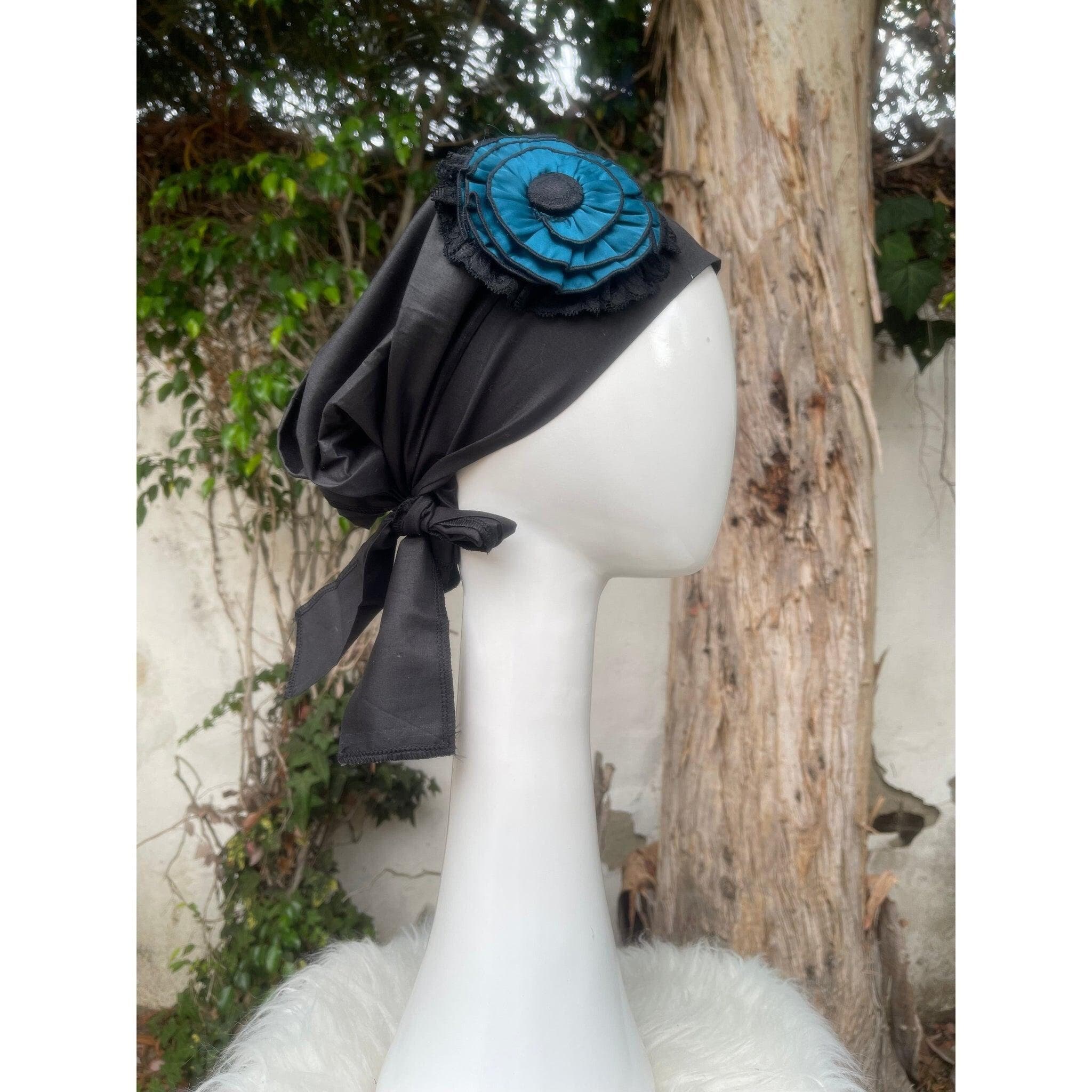 Embellished Sinar, Black Base w/ Teal Blue, Cotton Turban Head Cover, Elegant Chemo Headwear, Gift for Her, Fancy Hair Accessory Tichel Lady