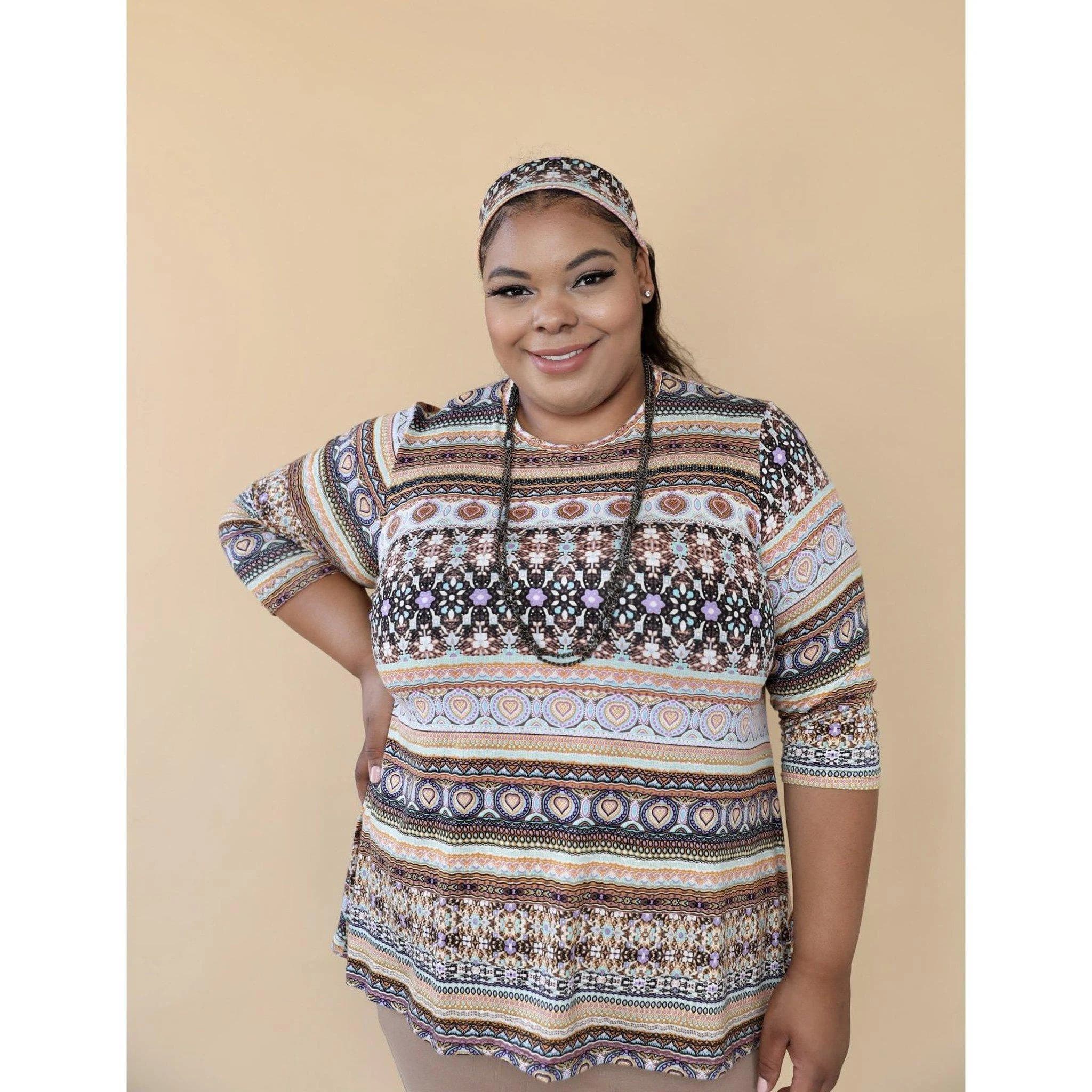 Women's Crew Neck Modest Top, Abstract Aztec Print, XS-3XL, 3/4 Long Sleeve Shirt, Plus Size, Tznius High-Low Tunic, Casual Tops, Jade LA - image 4