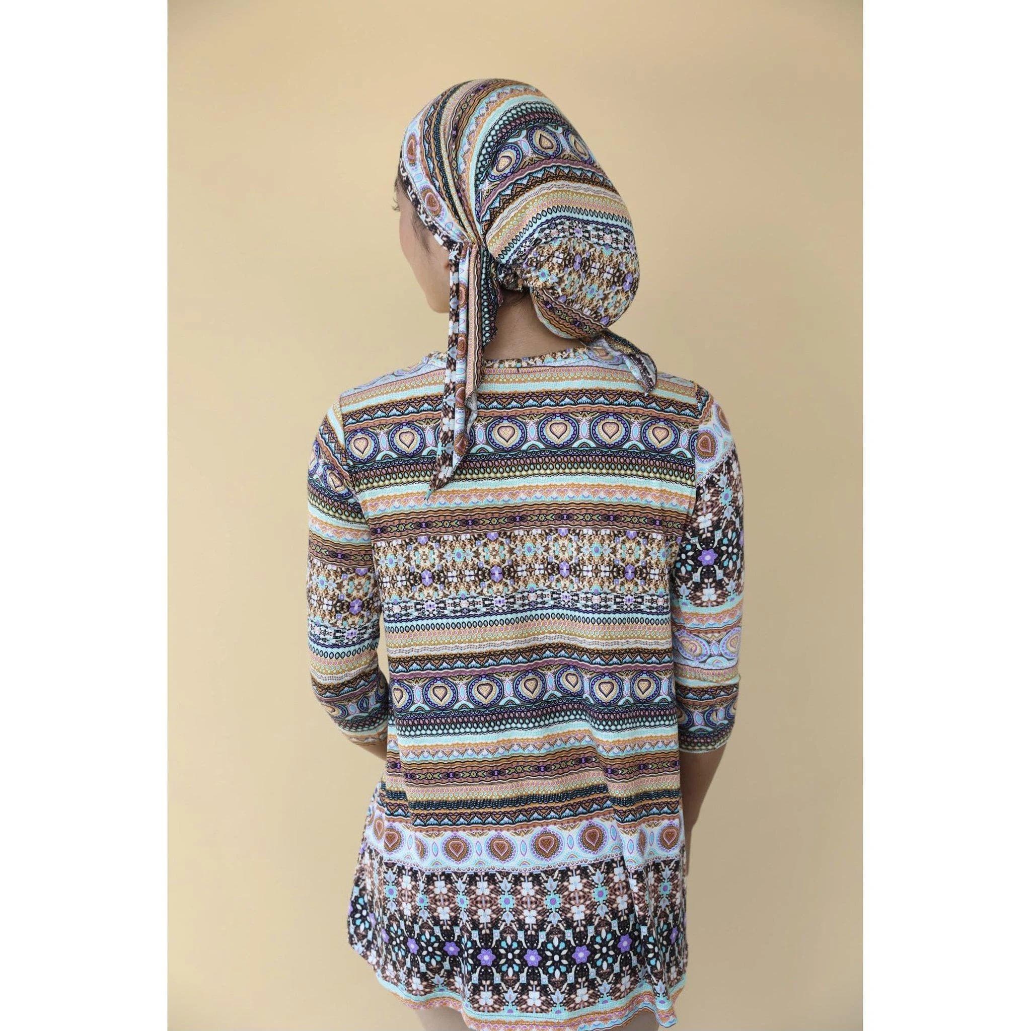 Women's Crew Neck Modest Top, Abstract Aztec Print, XS-3XL, 3/4 Long Sleeve Shirt, Plus Size, Tznius High-Low Tunic, Casual Tops, Jade LA - image 5